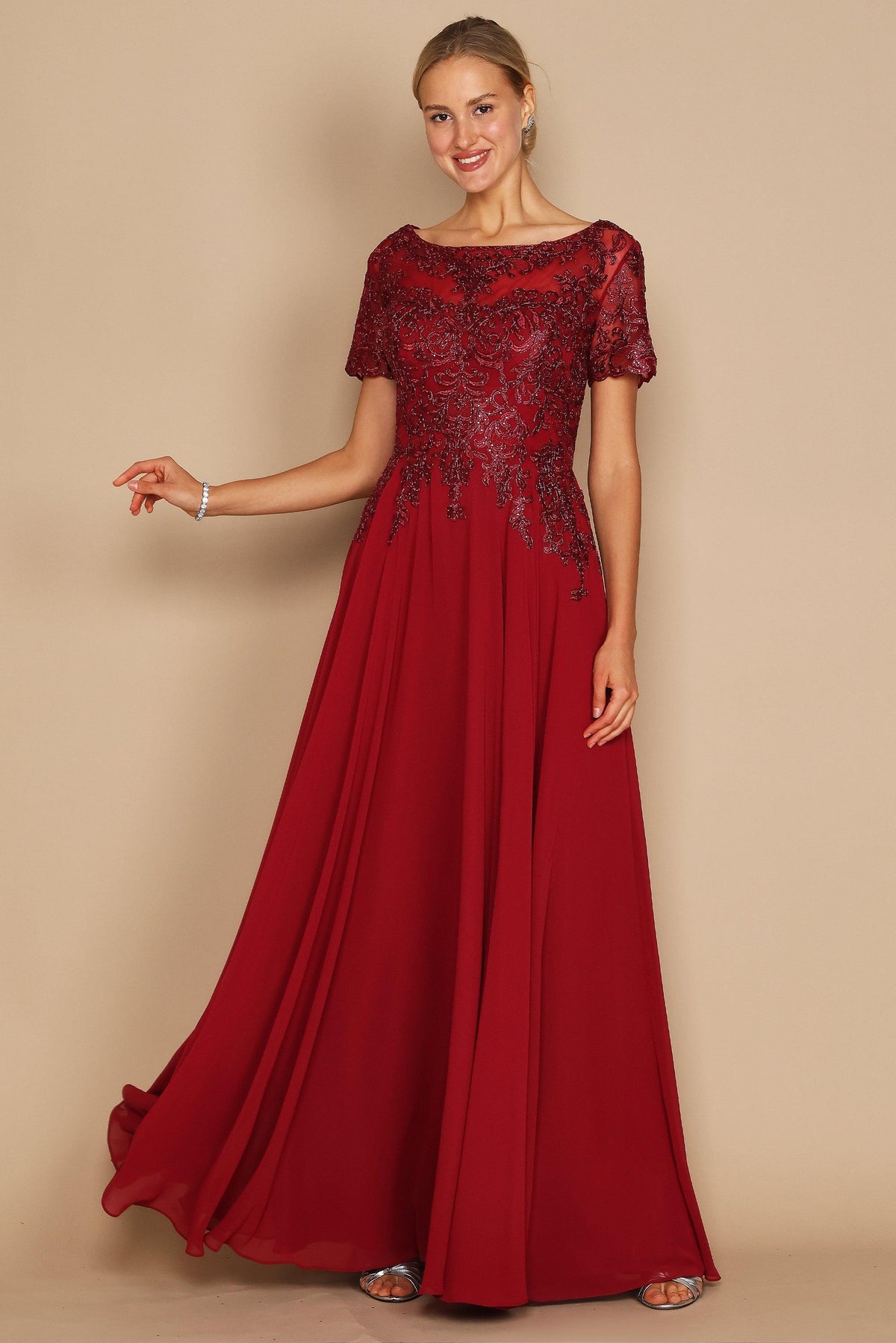 Short Sleeve Mother of the Bride Formal Dress – Burgundy