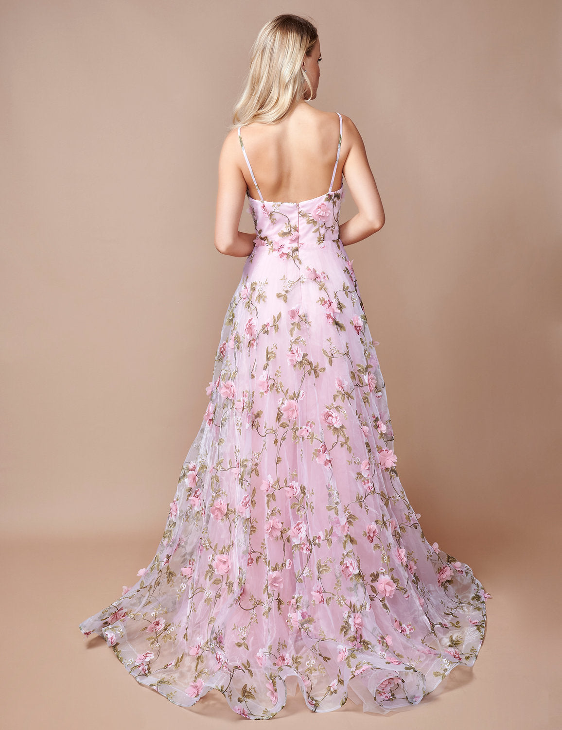 Prom Dresses A Line Long Formal Floral Print Prom Slit Dress  Pink