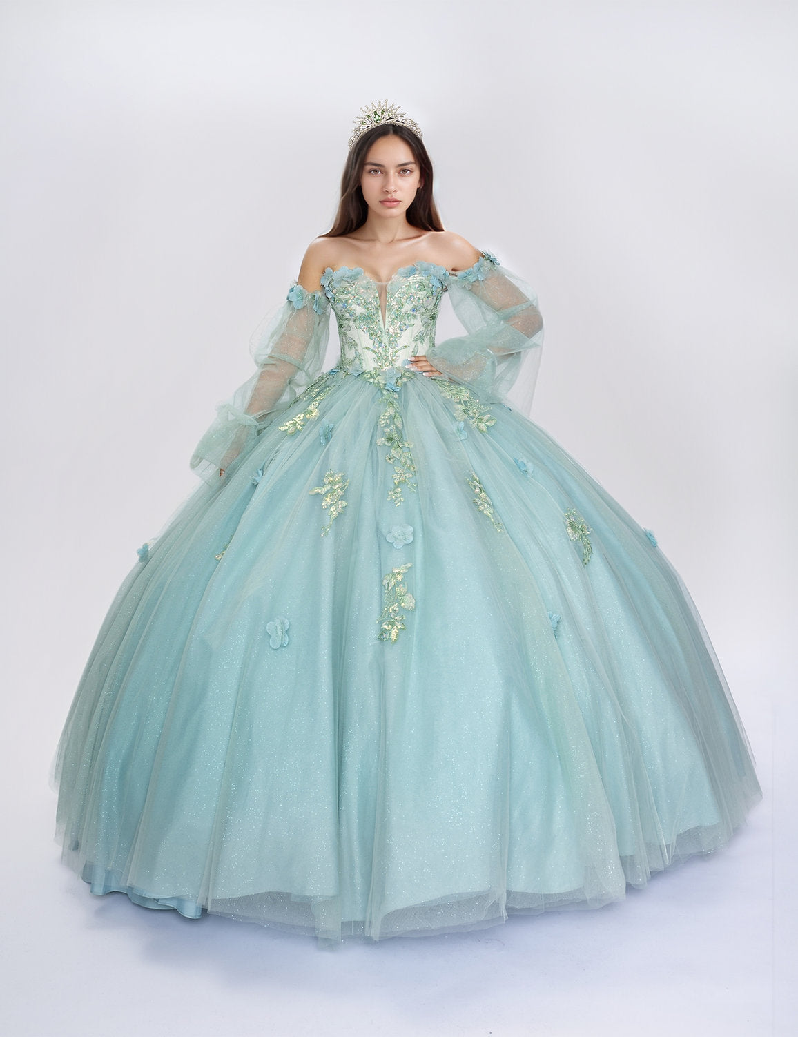 Quinceniera Dresses Ball Gown Long Quinceanera Glitter Dress Sage