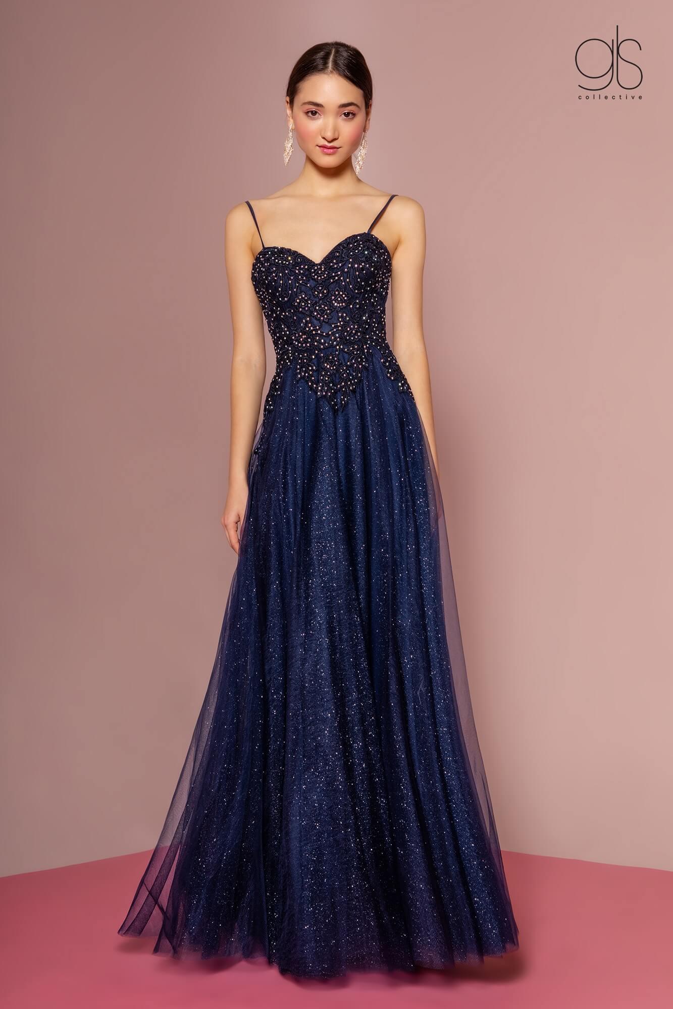 Embroidered Bodice and Mesh Glitter Floor Length Skirt - The Dress Outlet Elizabeth K