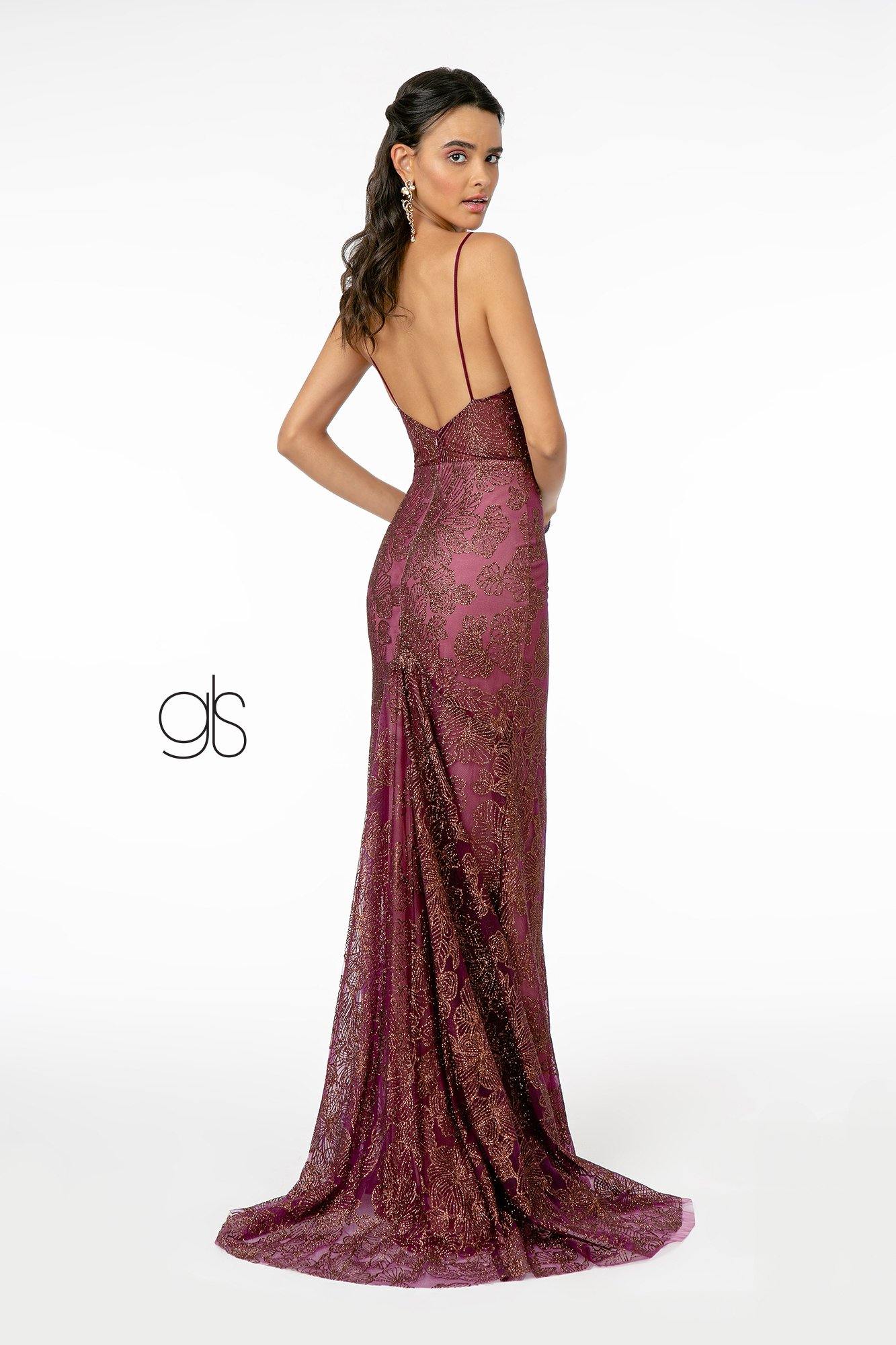 Floral Glitter Print Mesh Fitted Long Prom Dress - The Dress Outlet Elizabeth K