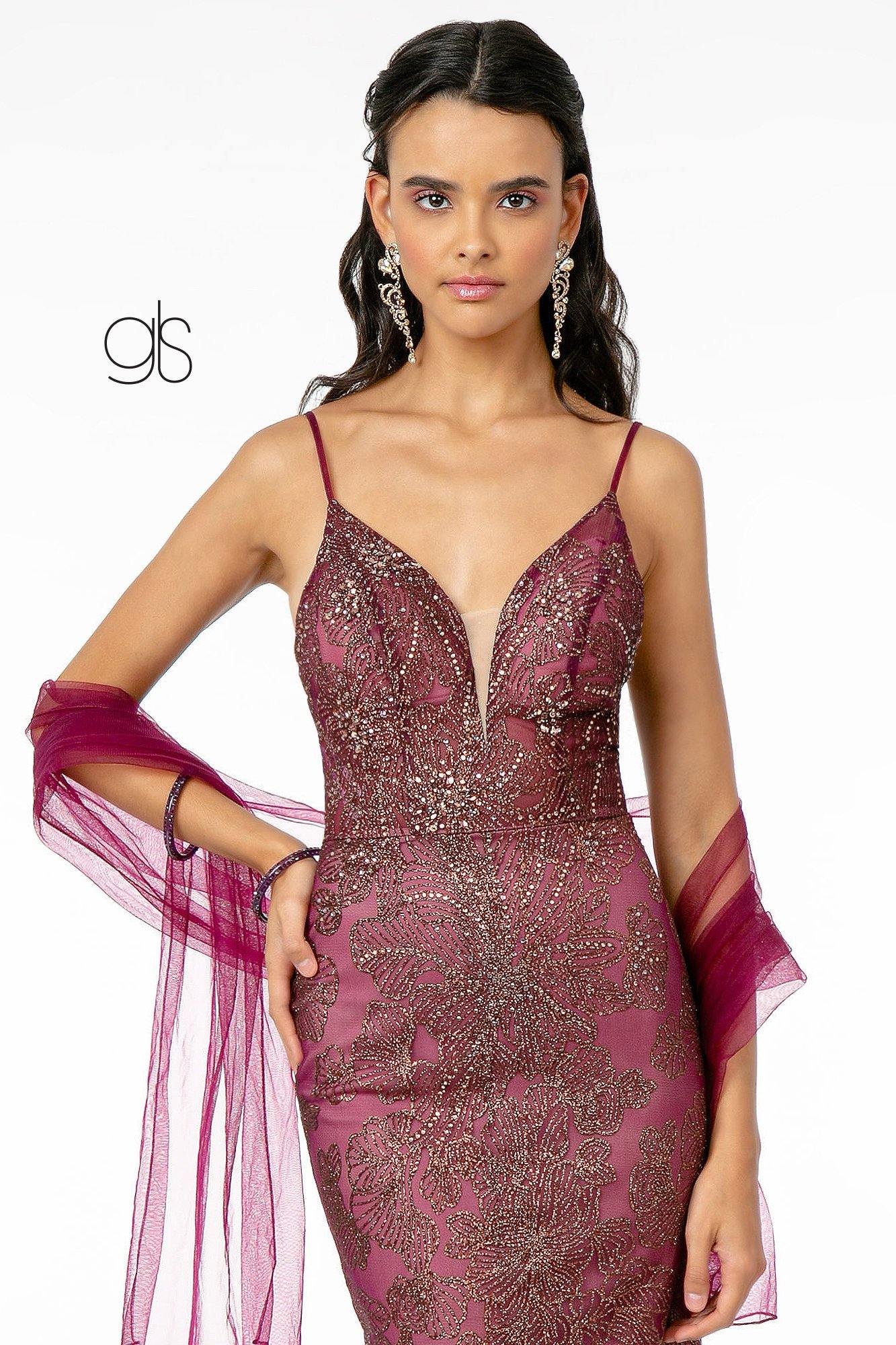 Floral Glitter Print Mesh Fitted Long Prom Dress - The Dress Outlet Elizabeth K