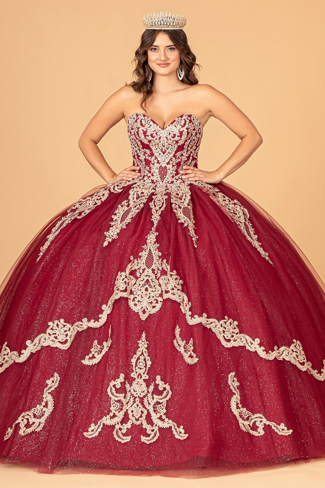 Quinceniera Dresses Strapless Long Sparkling Quinceniera Dress Burgundy