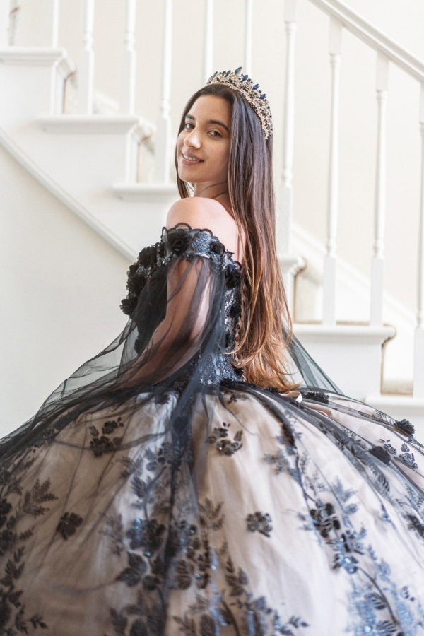 Quinceanera Dresses Long 3D Floral Quinceanera Dress Black/Champagne
