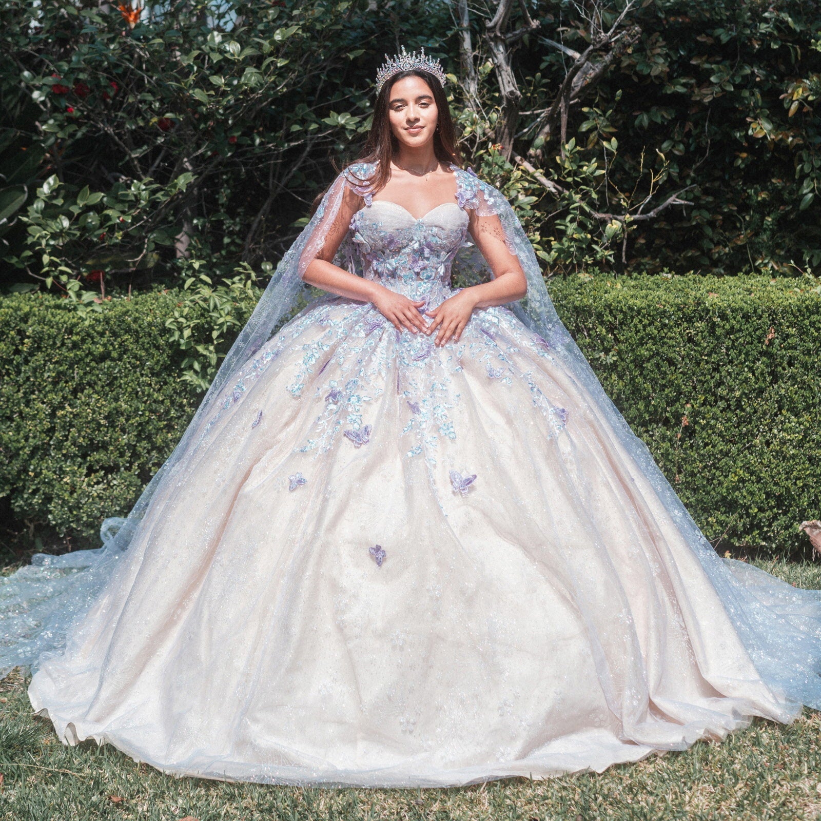 Quinceanera Dresses Long 3D Butterfly Glitter Cape Quinceanera Dress Lilac/Champagne