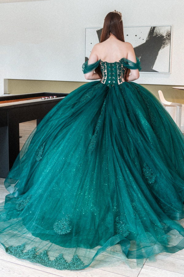 Quinceanera Dresses Long Glitter Beaded Quinceanera Dress Green