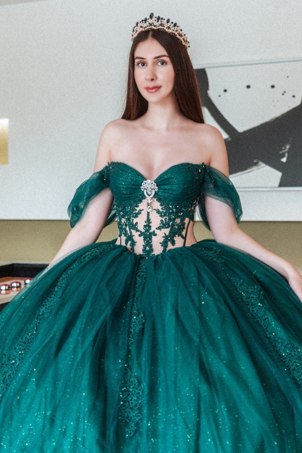 Quinceanera Dresses Long Glitter Beaded Quinceanera Dress Green