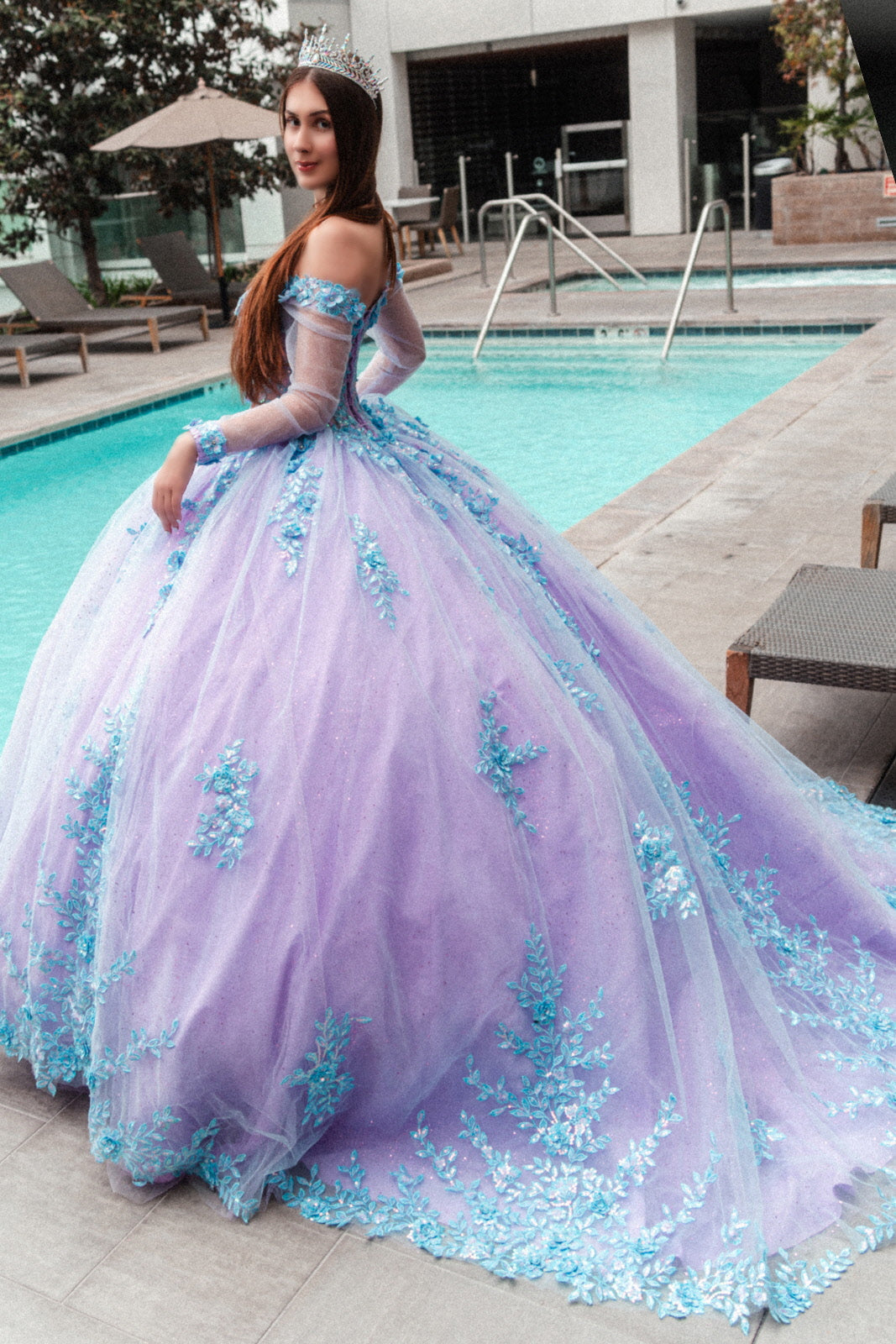 Quinceniera Dresses Long 3D Floral Applique Sweet 16 Quinceanera Dress Lilac/Blue