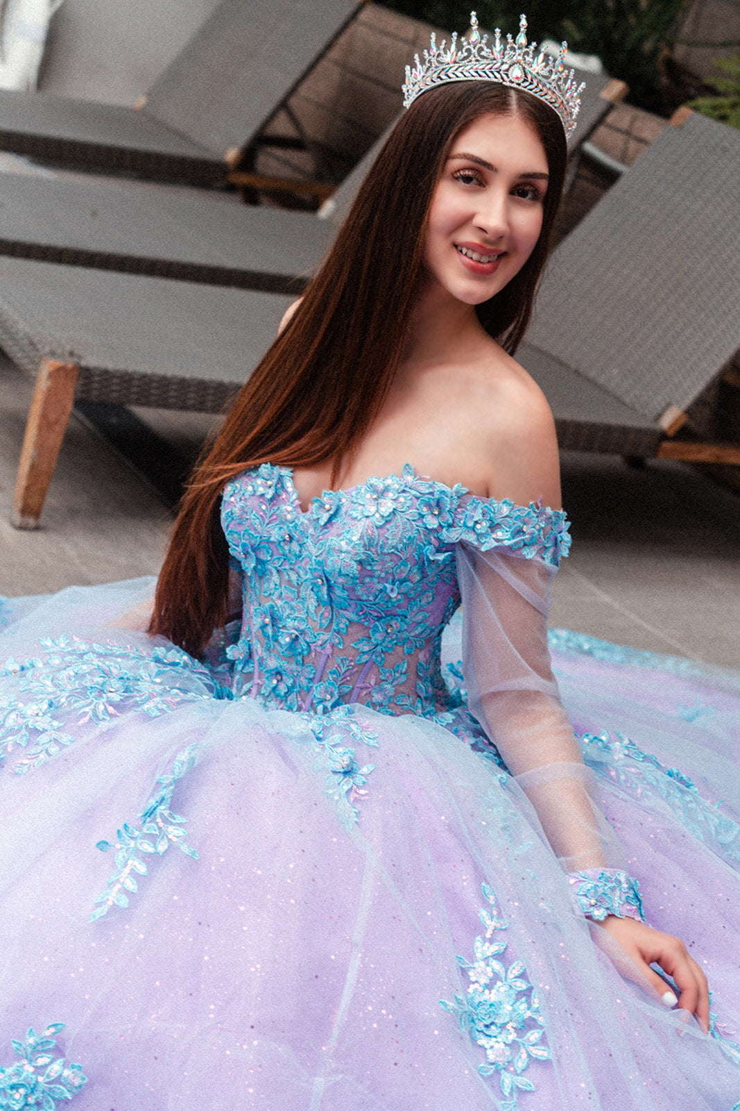 Quinceniera Dresses Long 3D Floral Applique Sweet 16 Quinceanera Dress Lilac/Blue