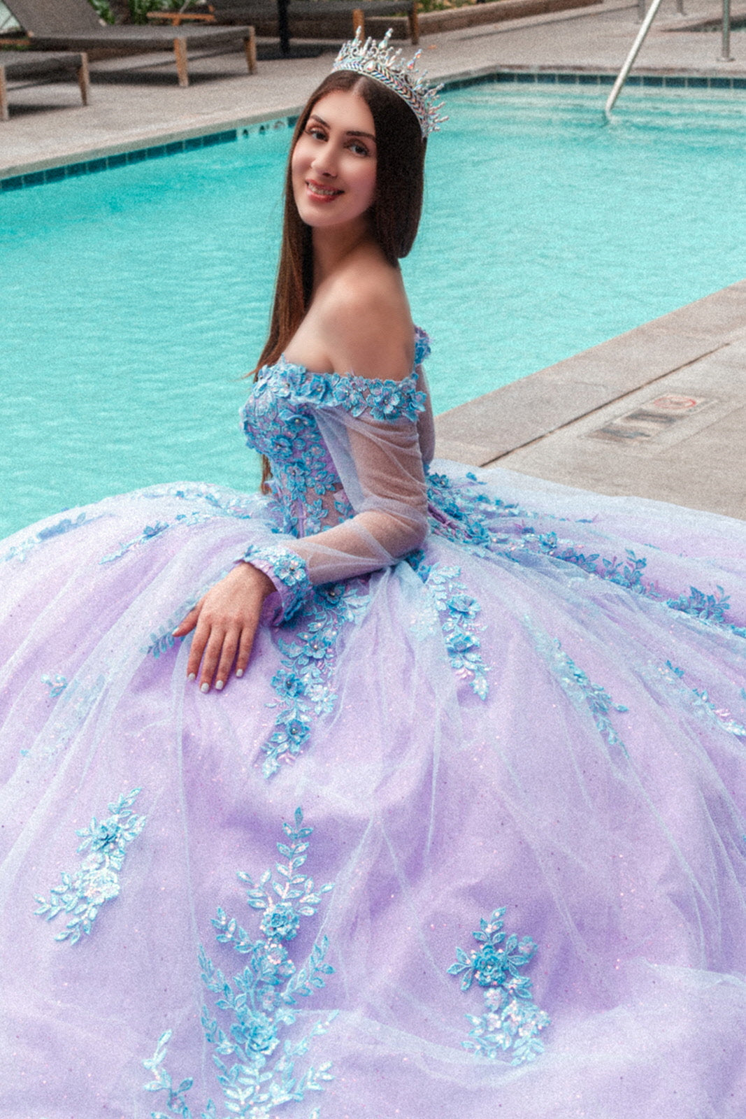 Quinceniera Dresses Long 3D Floral Applique Sweet 16 Quinceanera Dress Lilac/Blue