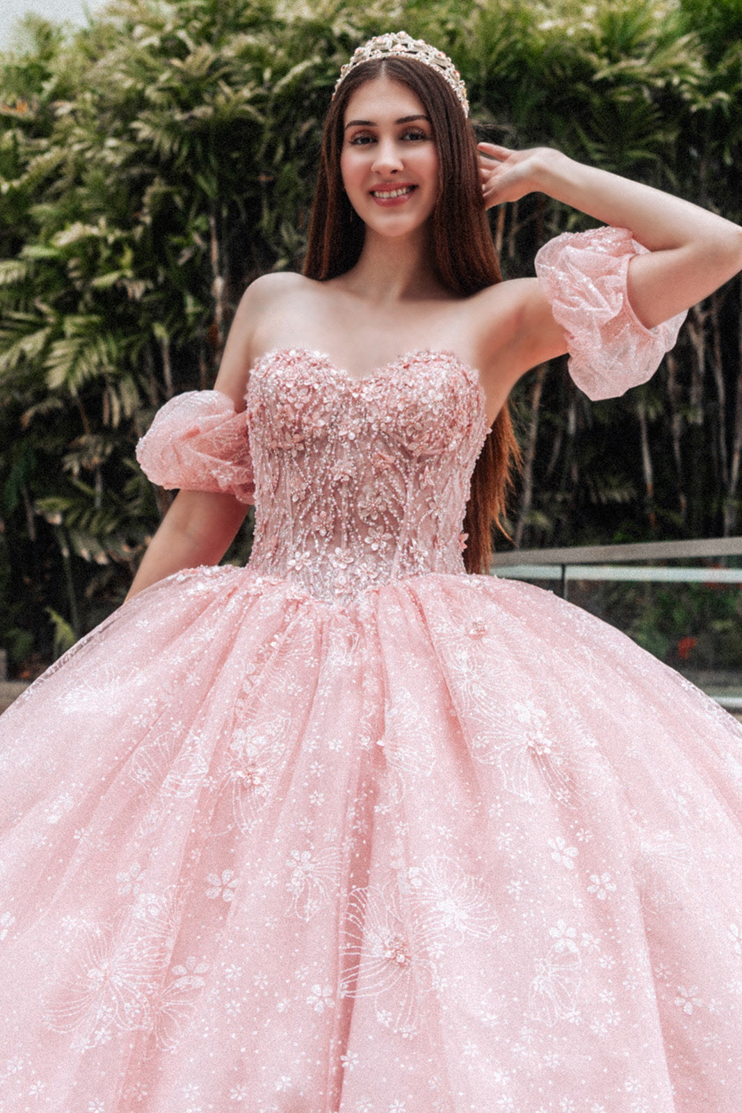Quinceniera Dresses Long Ball Gown Glitter Print Sweetheart Quinceanera Dress Blush