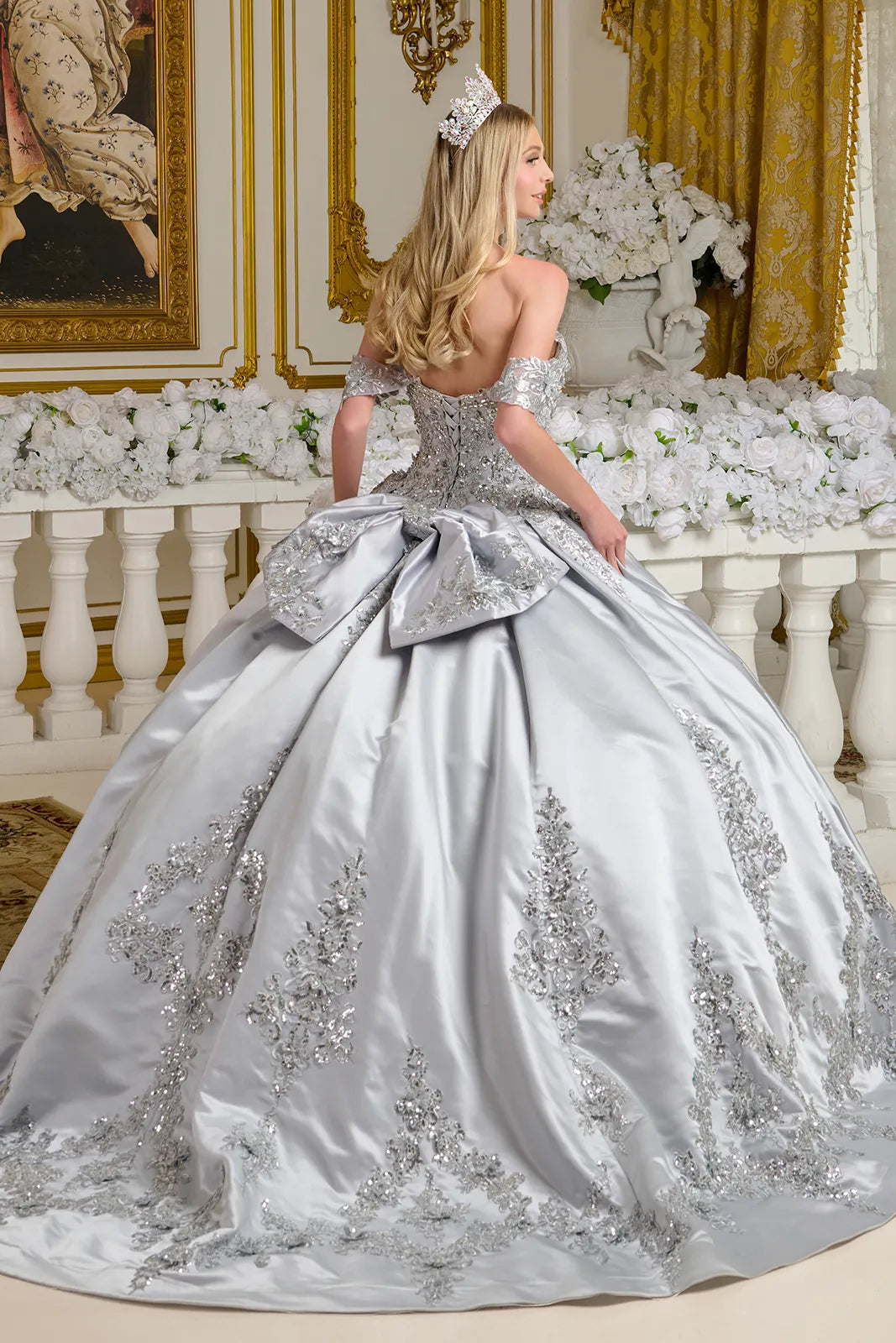 Quinceniera Dresses Ball Gown Long Floral Quinceanera Beaded Dress Silver