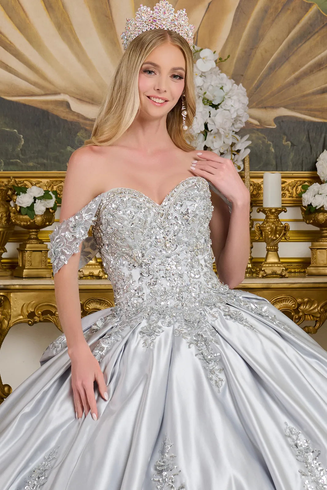 Quinceniera Dresses Ball Gown Long Floral Quinceanera Beaded Dress Silver