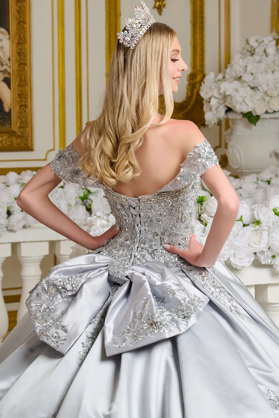 Quinceniera Dresses Ball Gown Long Floral Quinceanera Beaded Dress Silver