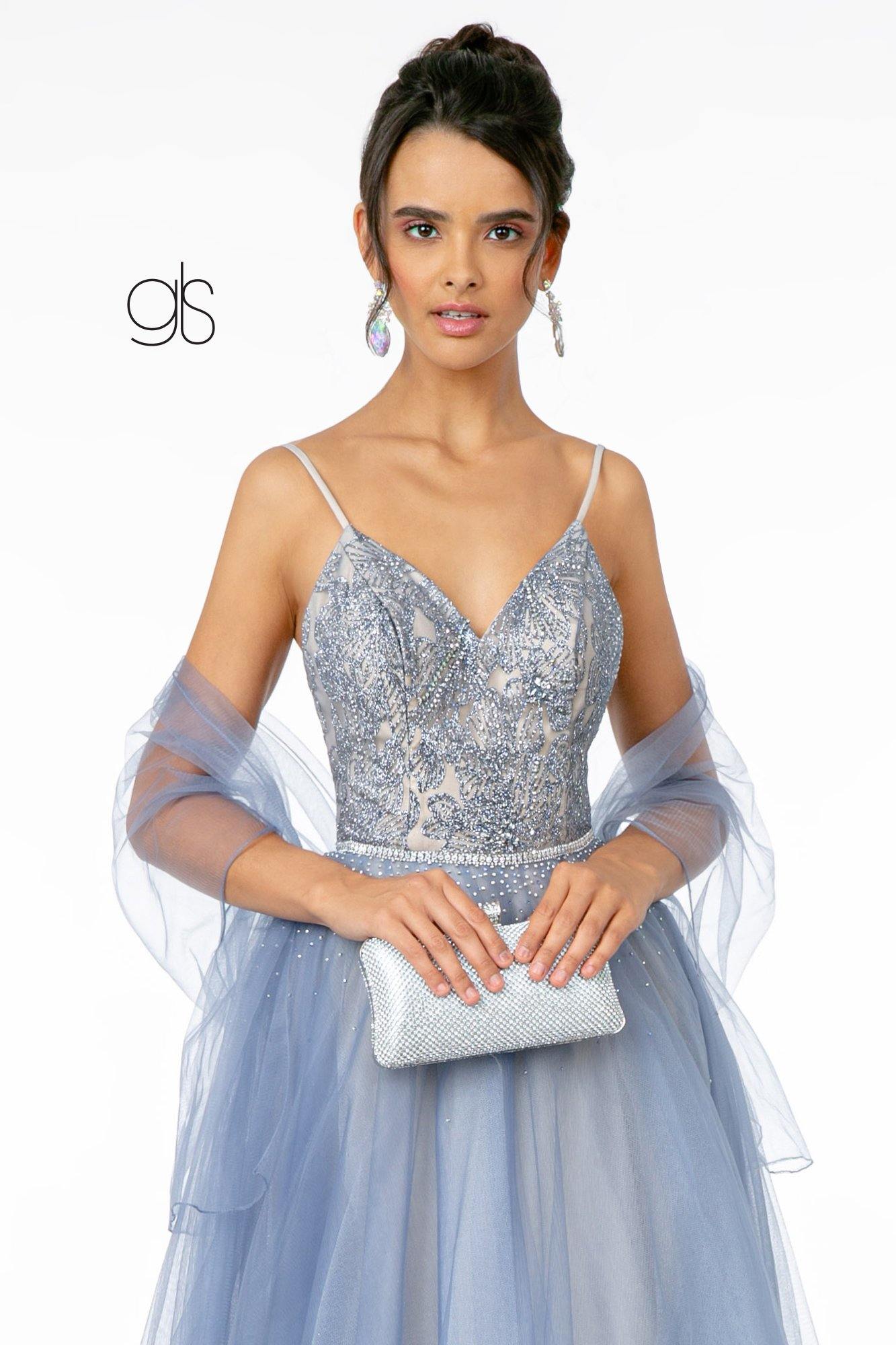 Gliiter Mesh A-Line Long Prom Dress - The Dress Outlet Elizabeth K