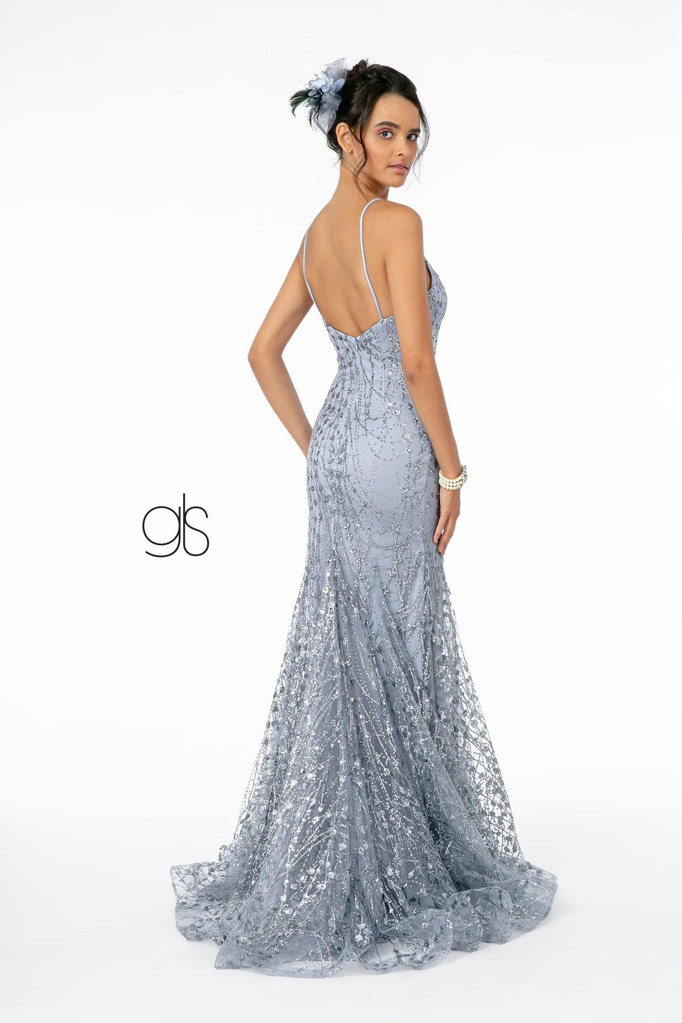 Glitter Mesh V-Neck Long Prom Dress - The Dress Outlet Elizabeth K
