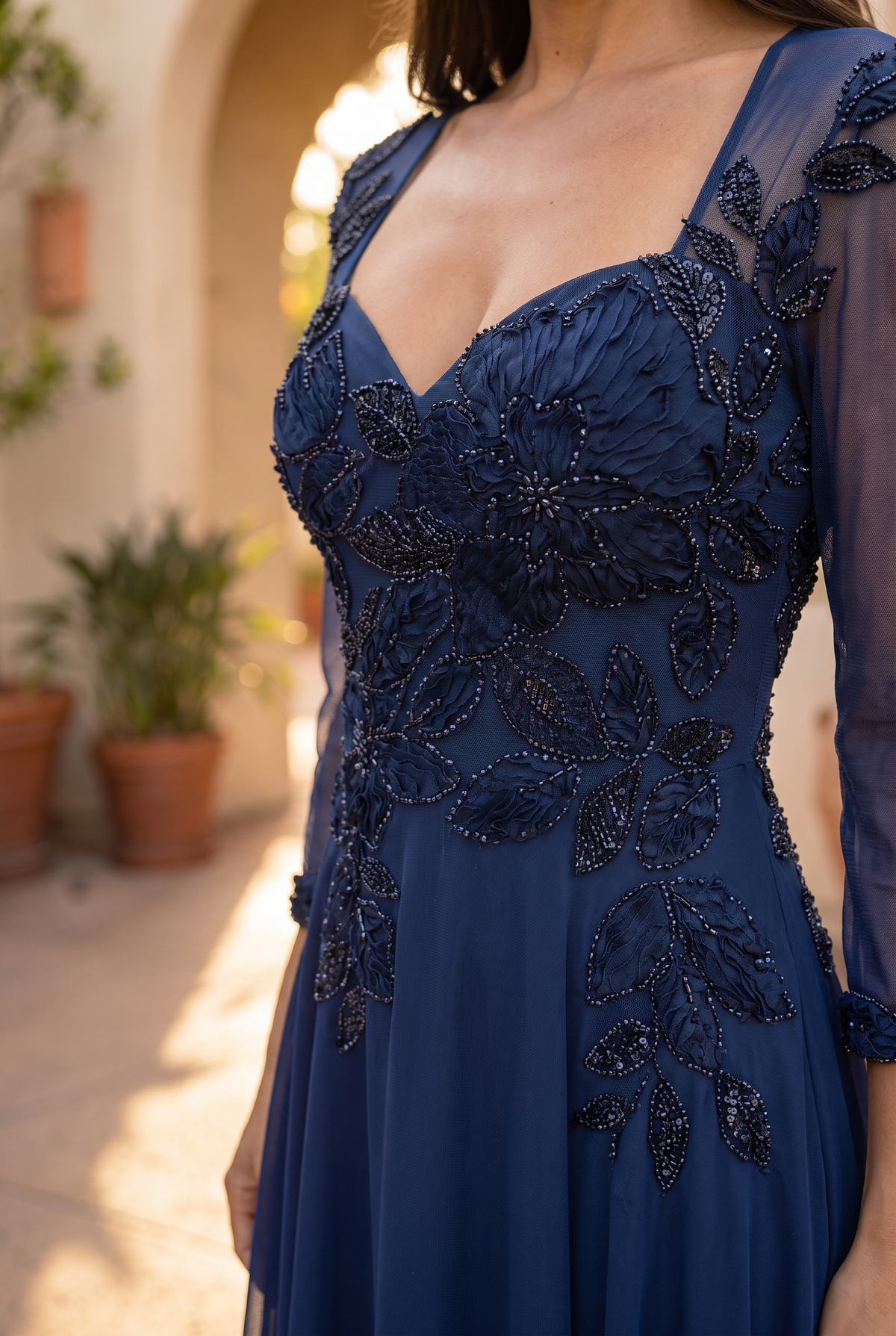 Beaded Floral V-Neck Long Sleeve A-Line Dress – Navy