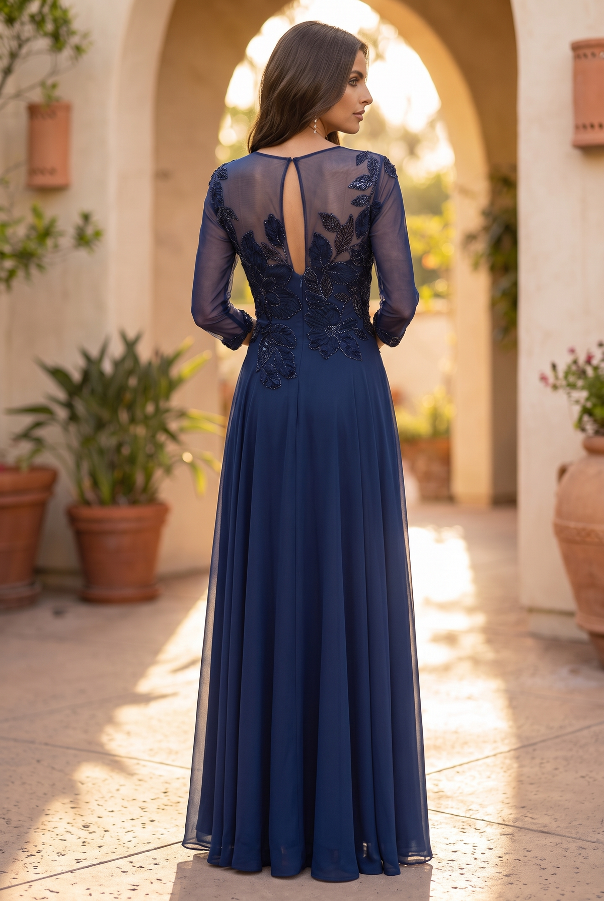 Beaded Floral V-Neck Long Sleeve A-Line Dress – Navy
