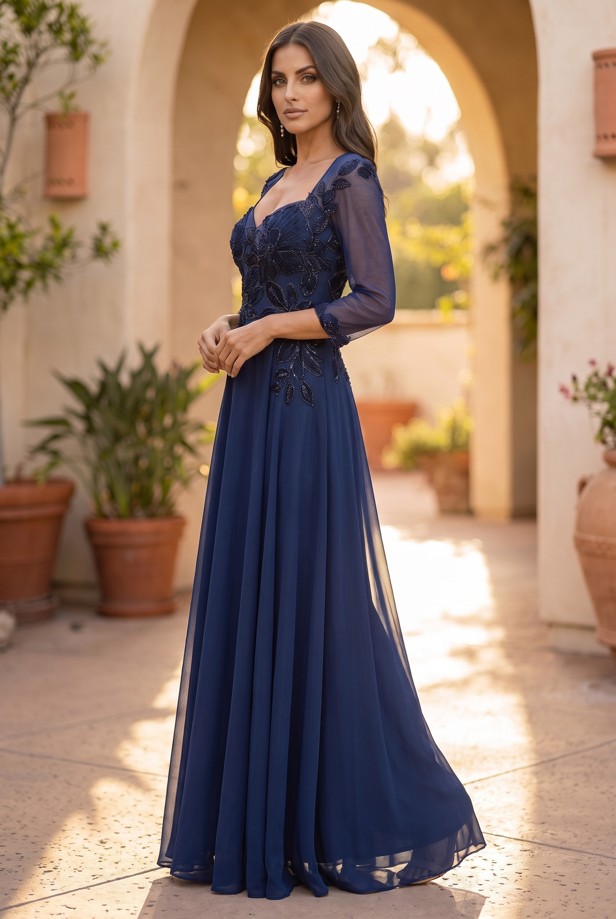 Beaded Floral V-Neck Long Sleeve A-Line Dress – Navy