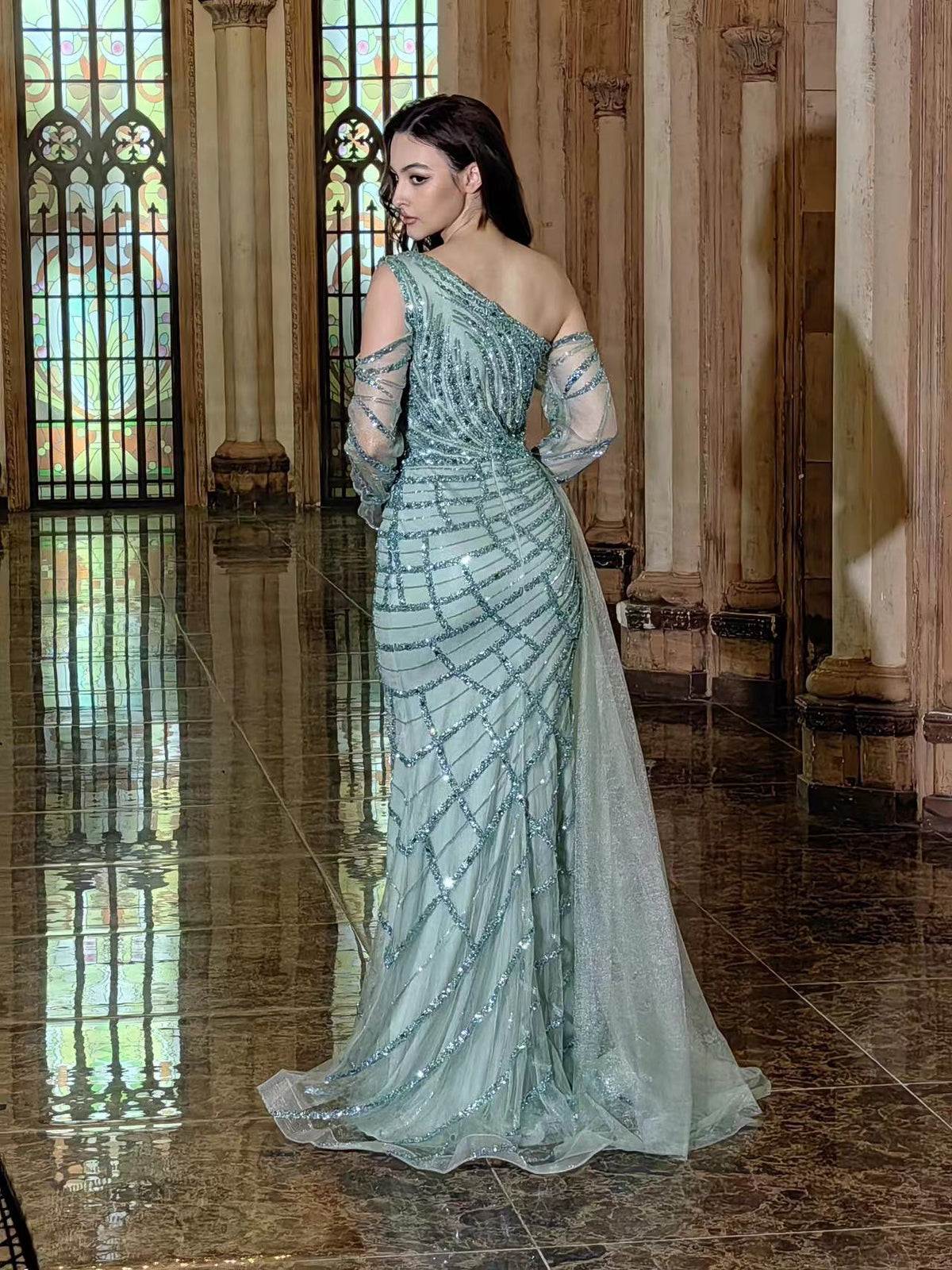 Long Couture Long Sleeve Hand Beaded Formal Dress – Sage