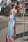 Prom Dresses Sequin Corset Long Formal Slit Prom Dress Light Blue