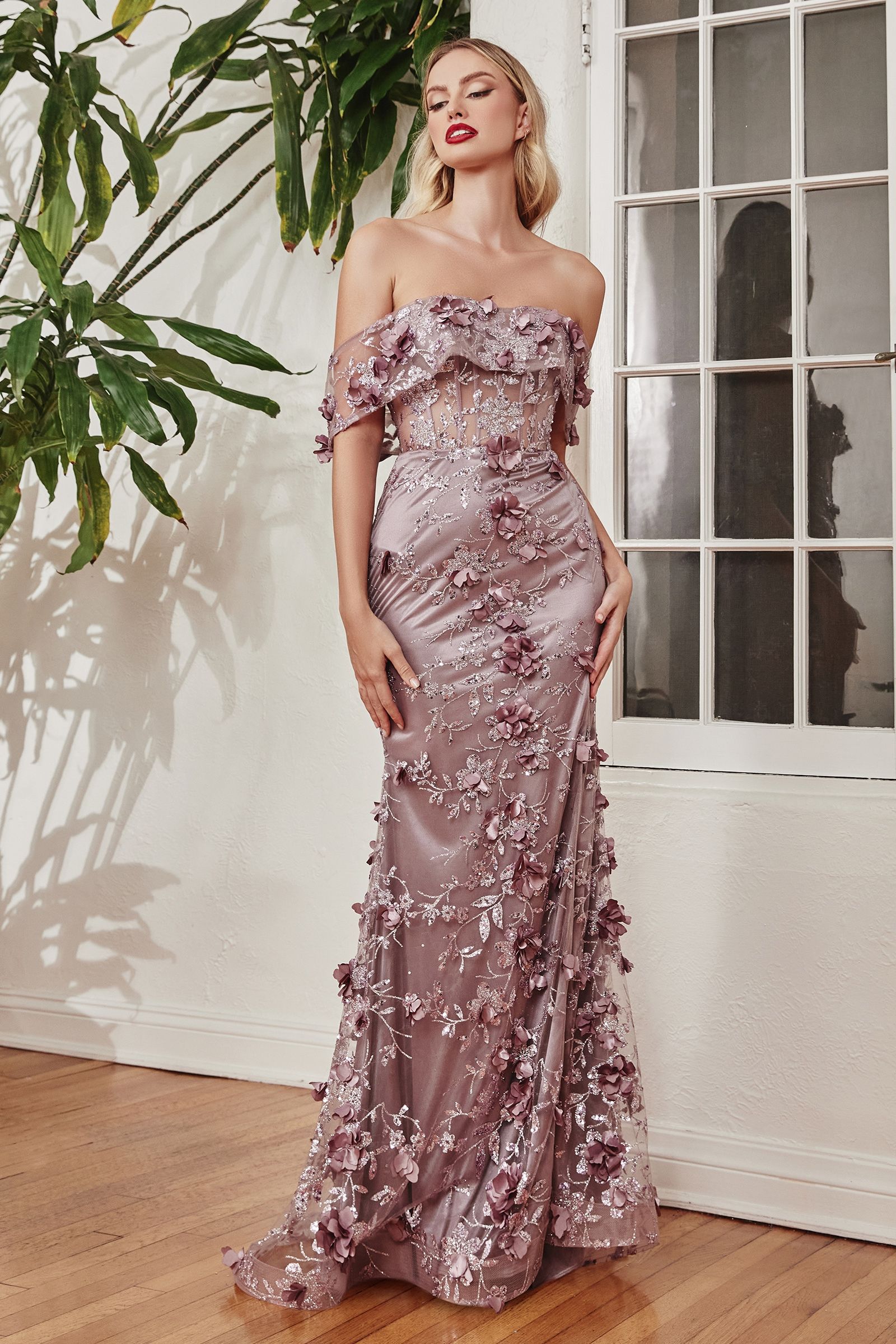 LaDivine J832 Long Floral Fitted Long Prom Dress