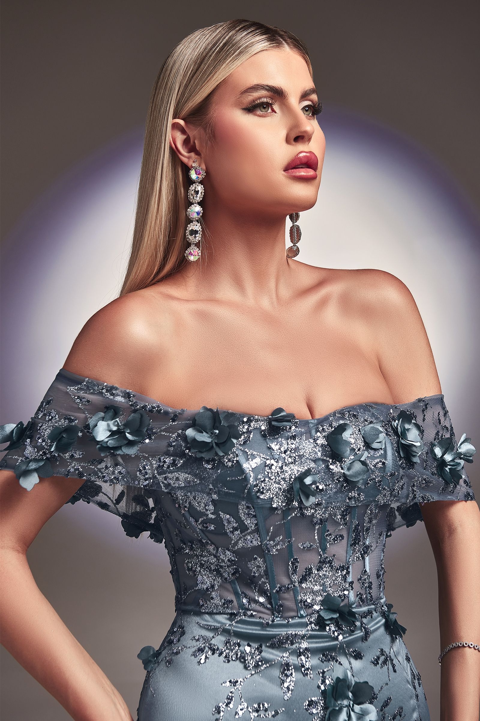 LaDivine J832 Long Floral Fitted Long Prom Dress