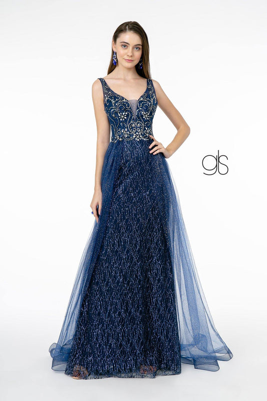 Jeweled Bodice Glitter Mesh A-Line Long Prom Dress - The Dress Outlet Elizabeth K