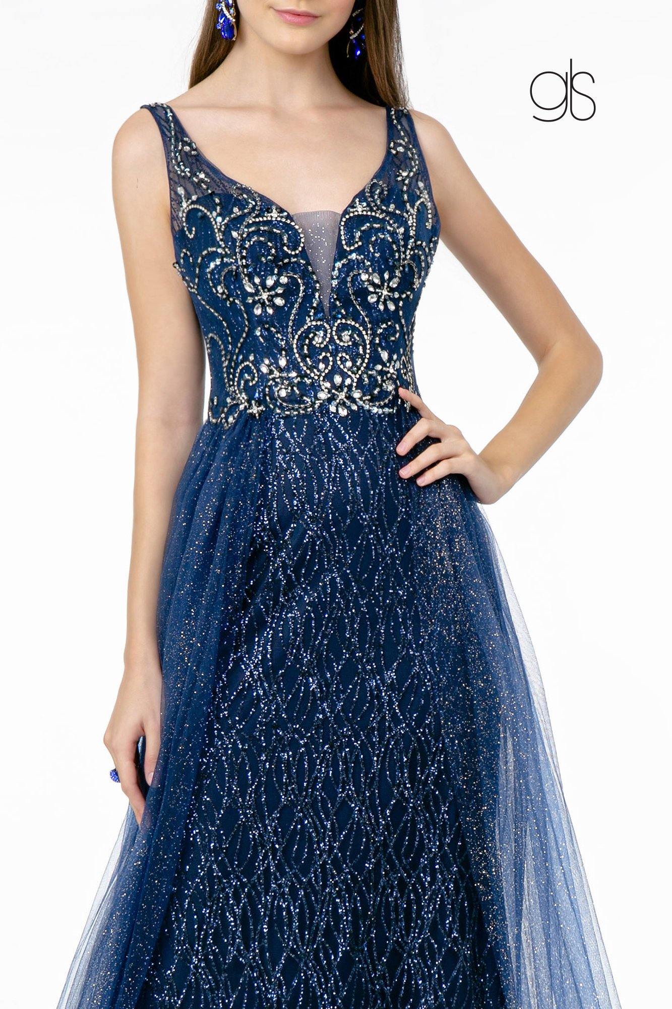 Jeweled Bodice Glitter Mesh A-Line Long Prom Dress - The Dress Outlet Elizabeth K