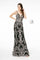 Jeweled Waist Band Accented Glitter Mesh Long Prom Dress - The Dress Outlet Elizabeth K