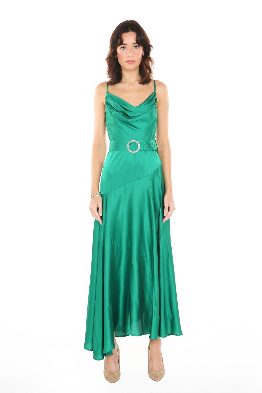 Cocktail Dresses Pleated Cowl Neck Spaghetti Strap Satin Dress Green