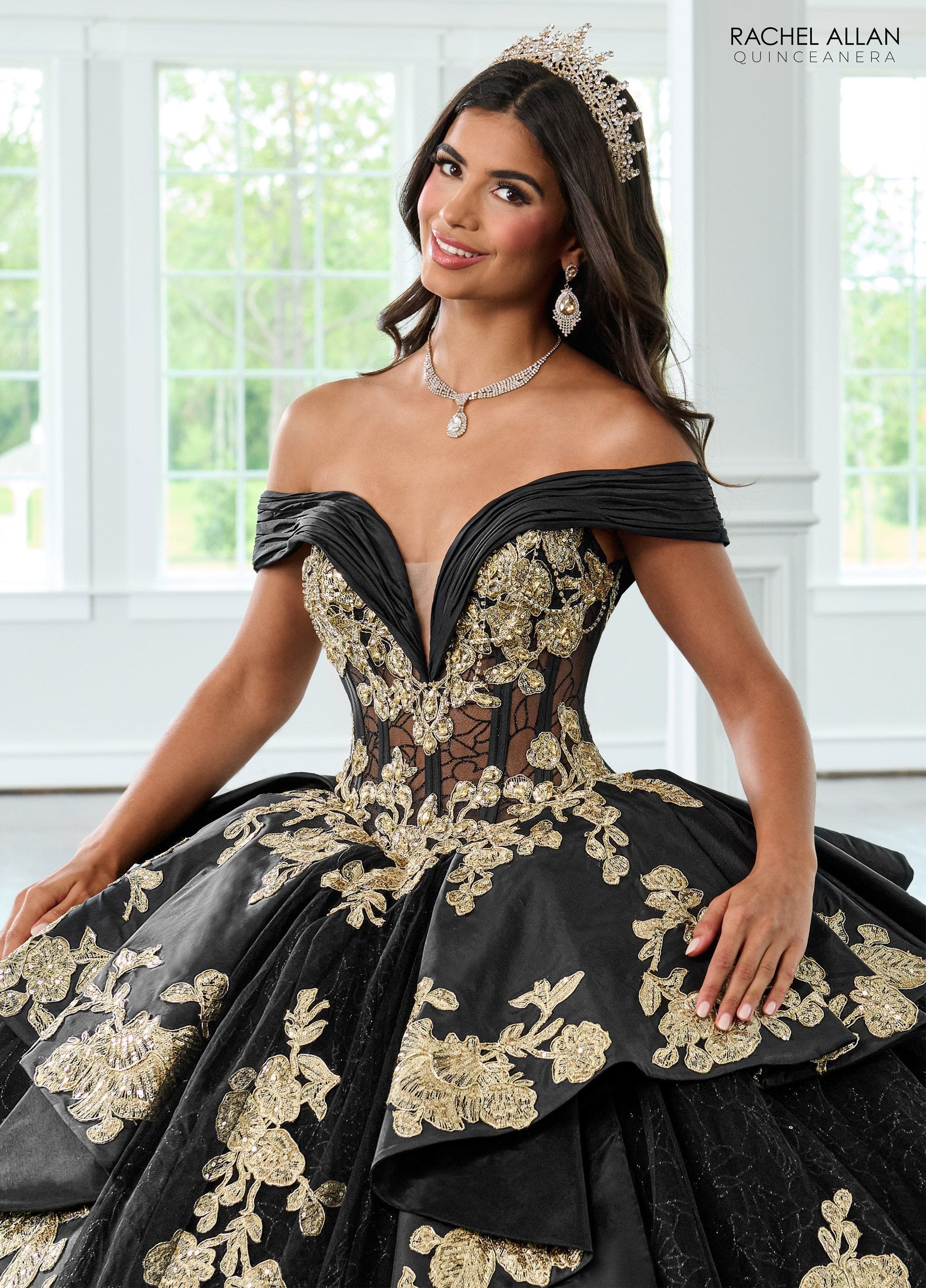 Quinceniera Dresses Long Quinceanera Dress Beaded Glitter Ball Gown  Black Gold