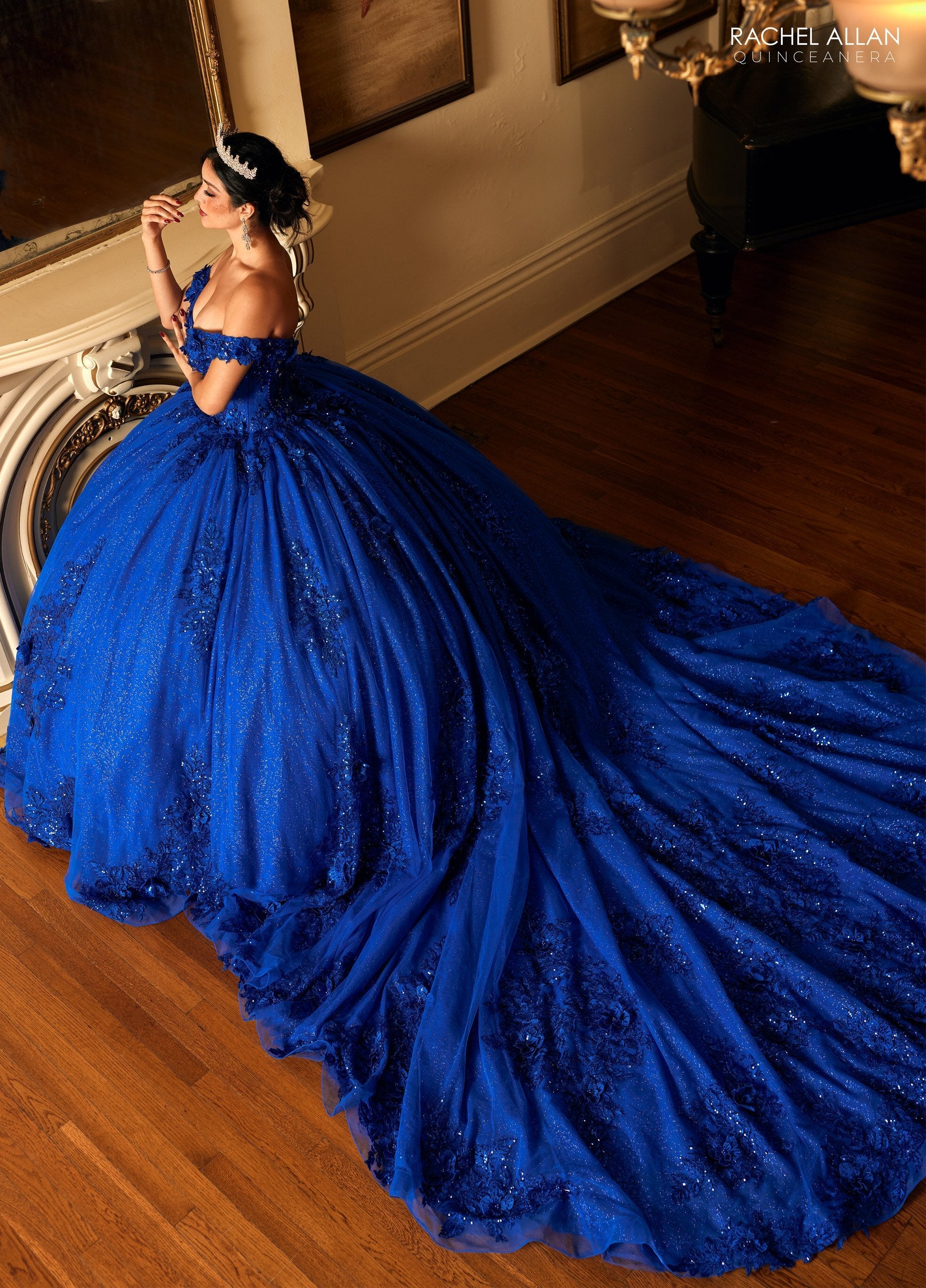 Quinceniera Dresses Long Ball Gown Glitter 3D Floral Quinceanera Dress Royal