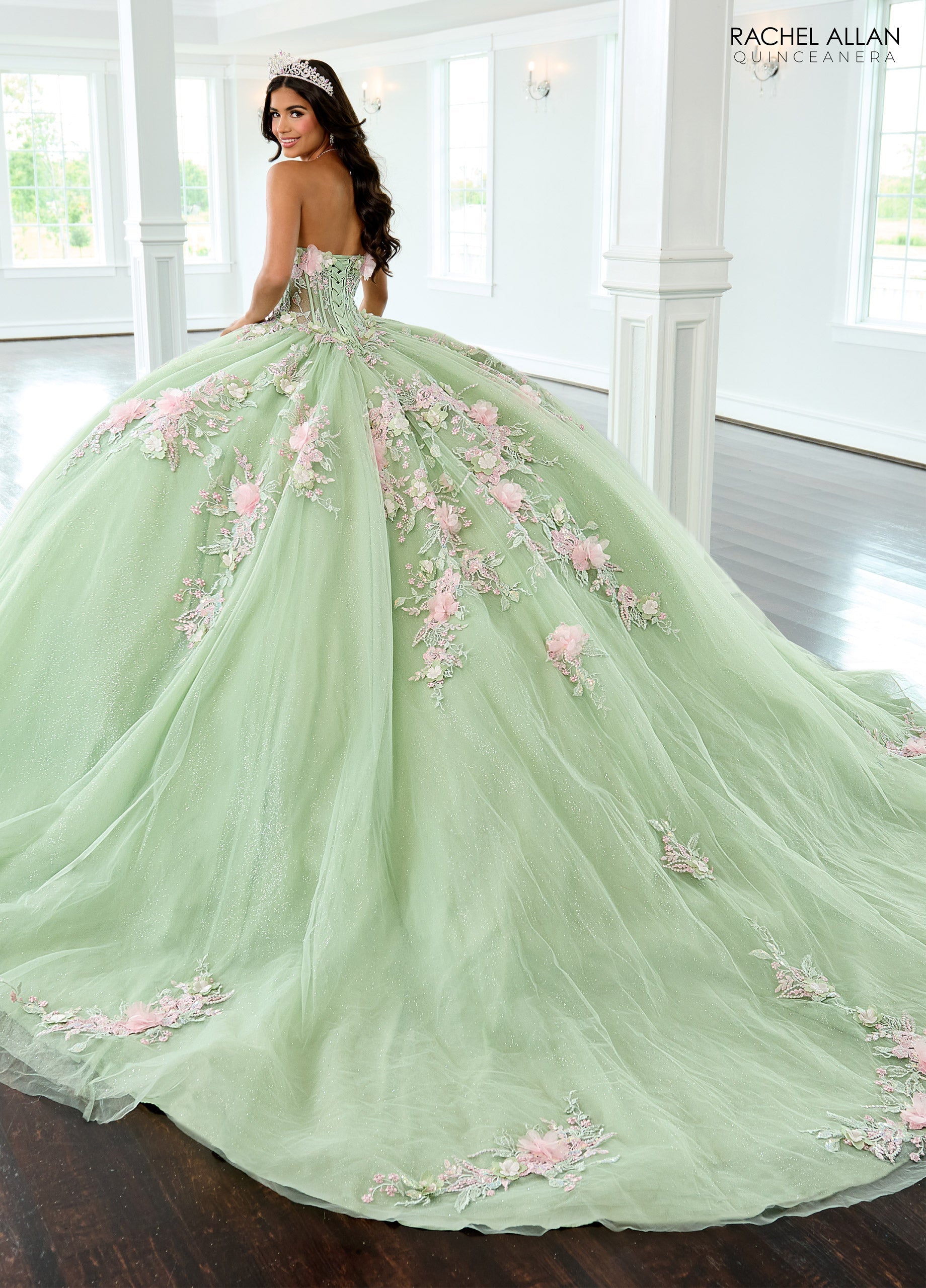 Quinceniera Dresses Ball Gown Glitter Long Floral Quinceanera Dress  Sage Pink