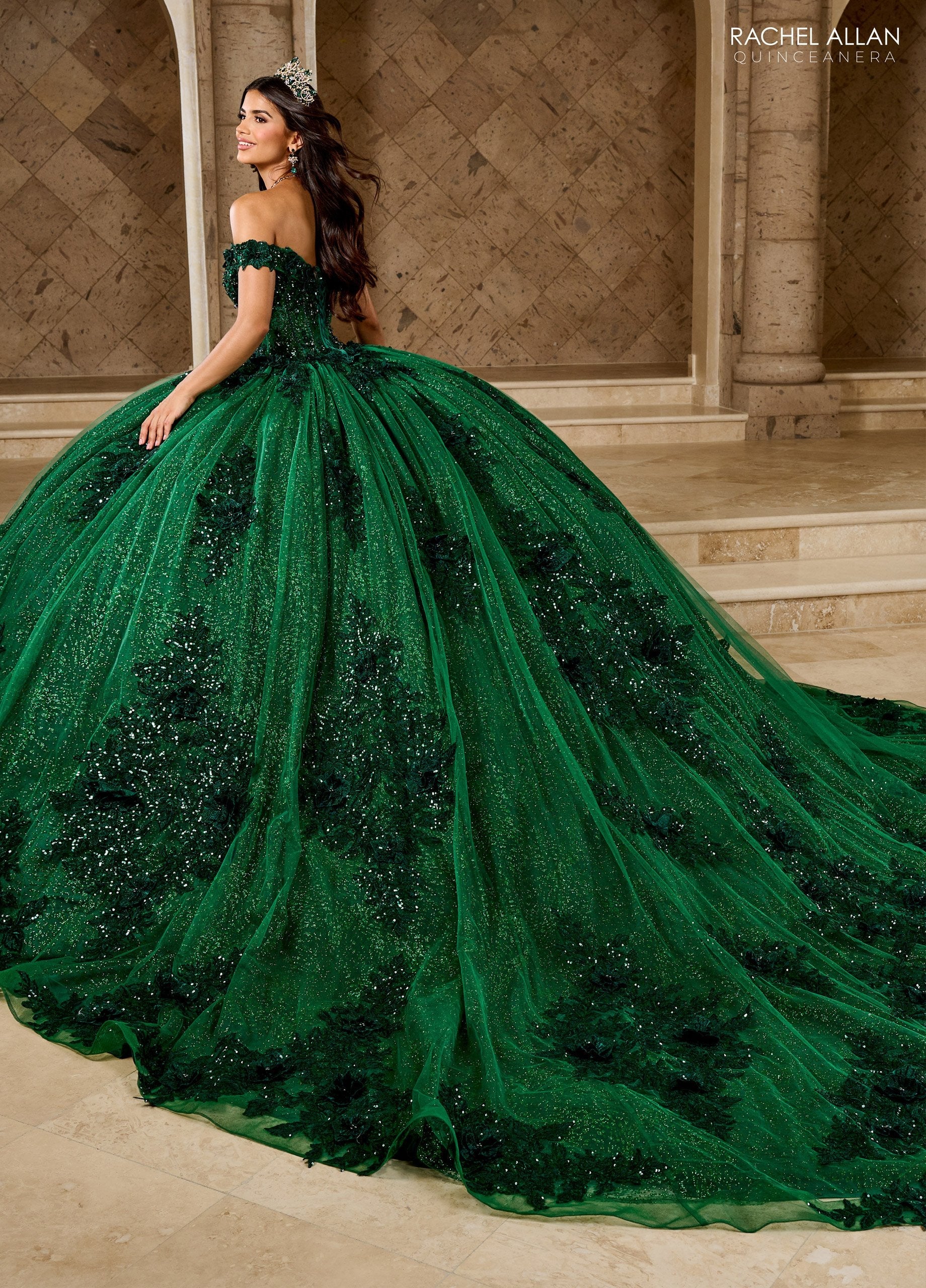 Quinceniera Dresses Long Ball Gown Glitter 3D Floral Quinceanera Dress Emerald