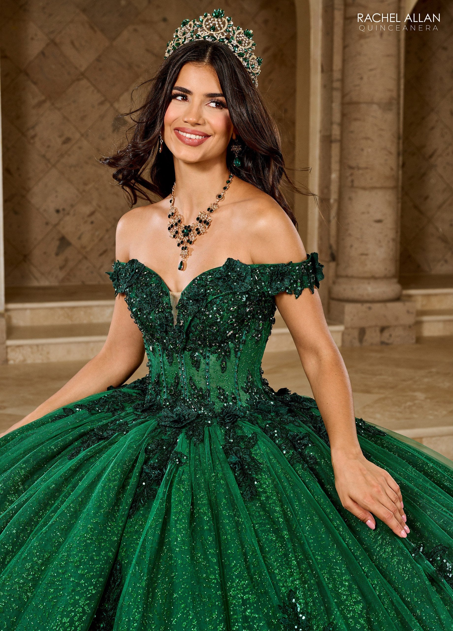 Quinceniera Dresses Long Ball Gown Glitter 3D Floral Quinceanera Dress Emerald