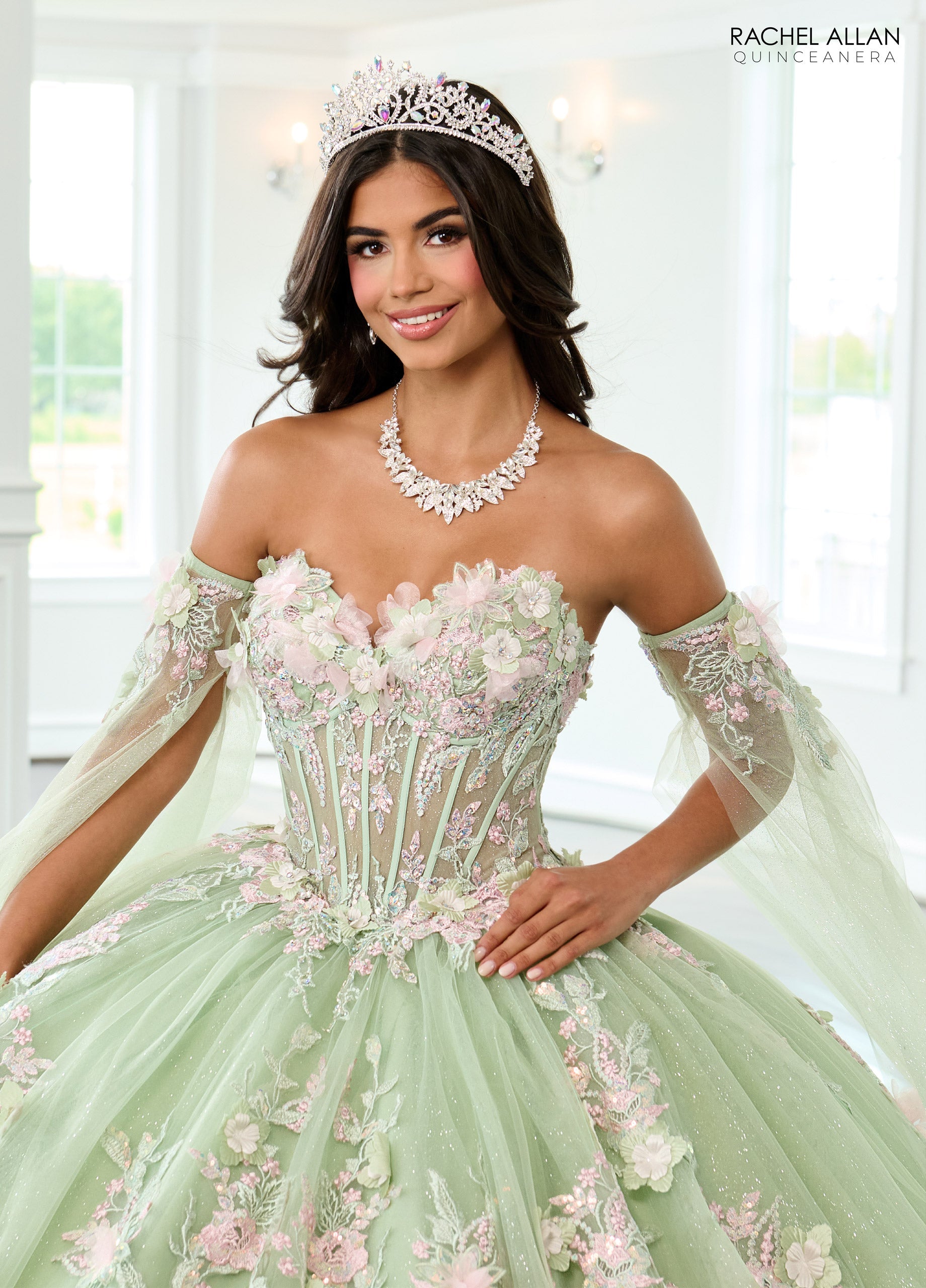 Quinceniera Dresses Ball Gown Glitter Long Floral Quinceanera Dress  Sage Pink