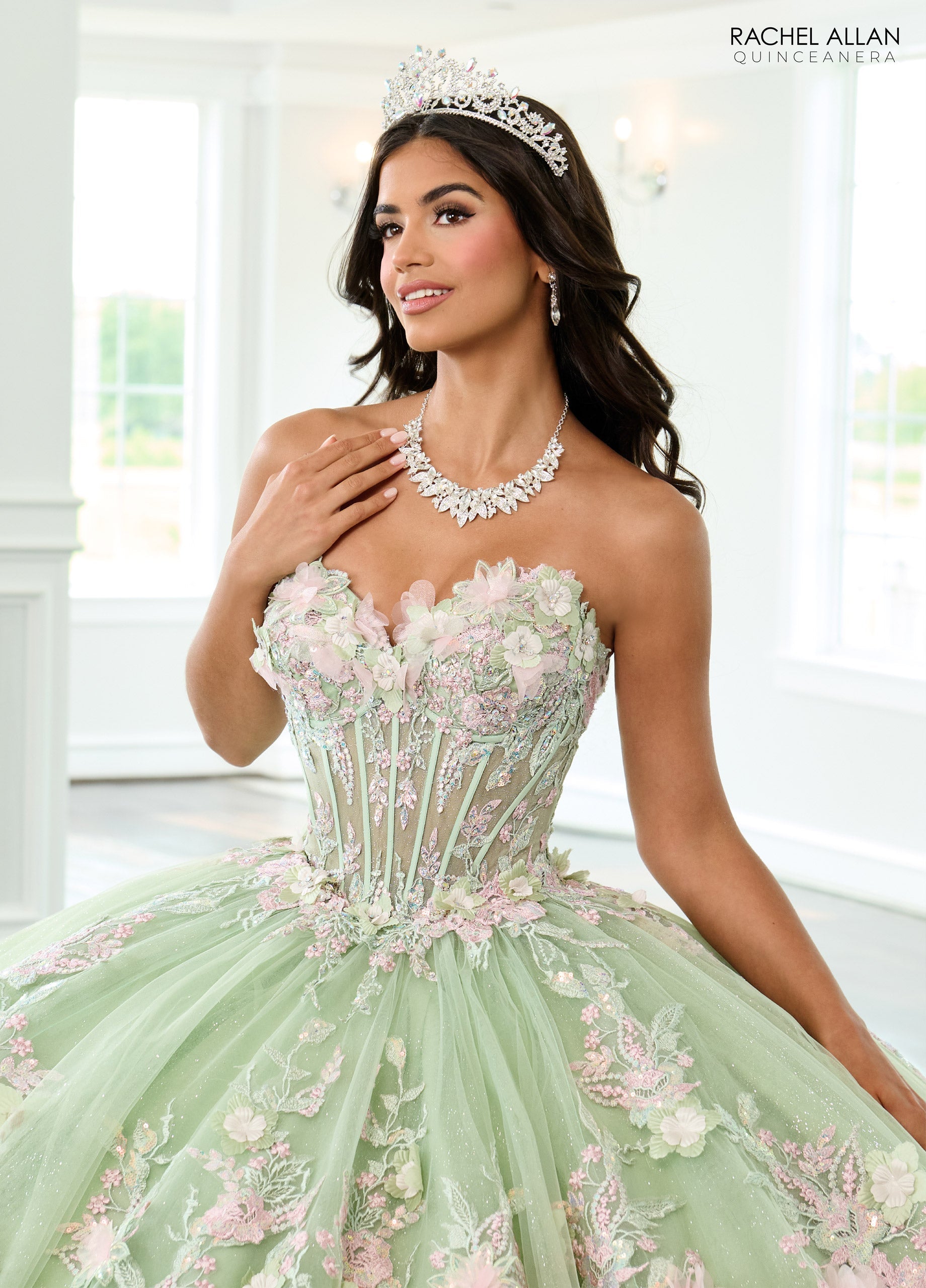 Quinceniera Dresses Ball Gown Glitter Long Floral Quinceanera Dress  Sage Pink