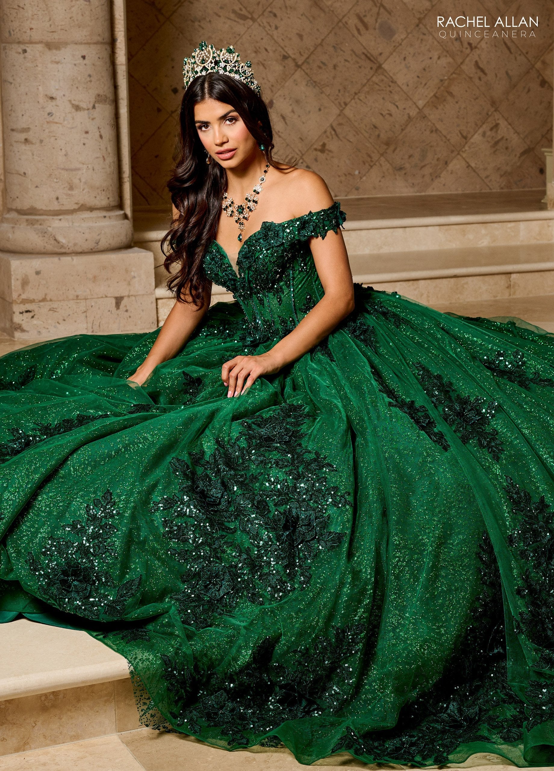Quinceniera Dresses Long Ball Gown Glitter 3D Floral Quinceanera Dress Emerald