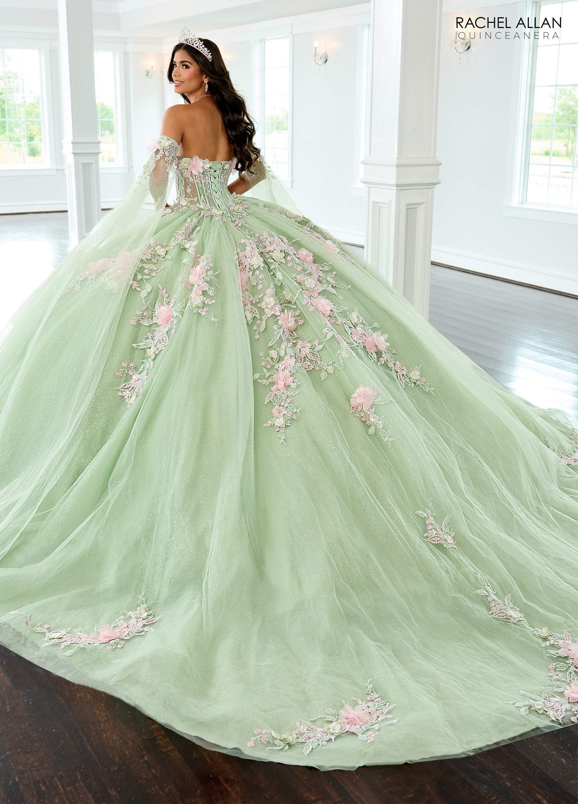 Quinceniera Dresses Ball Gown Glitter Long Floral Quinceanera Dress  Sage Pink