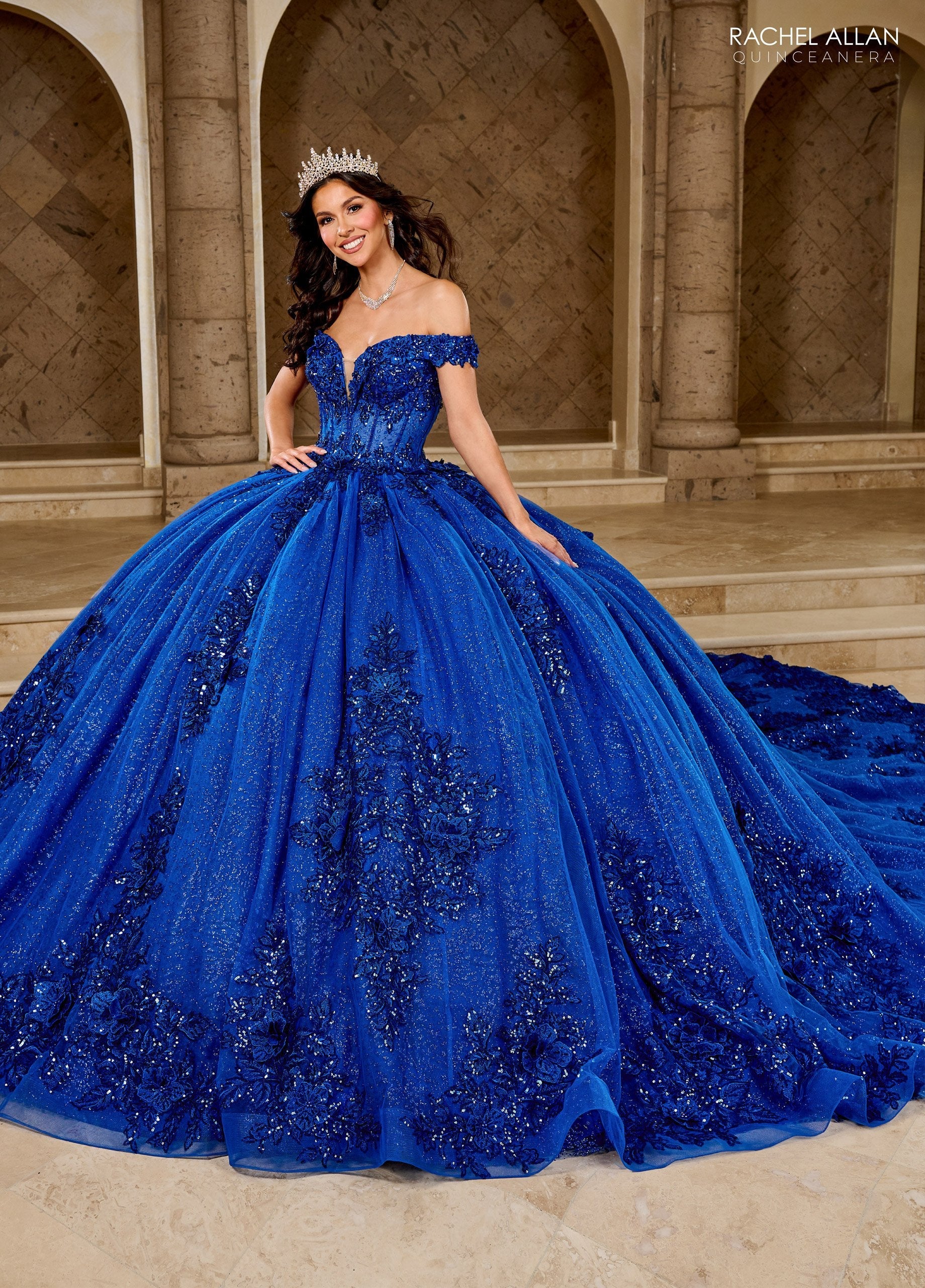 Quinceniera Dresses Long Ball Gown Glitter 3D Floral Quinceanera Dress Royal