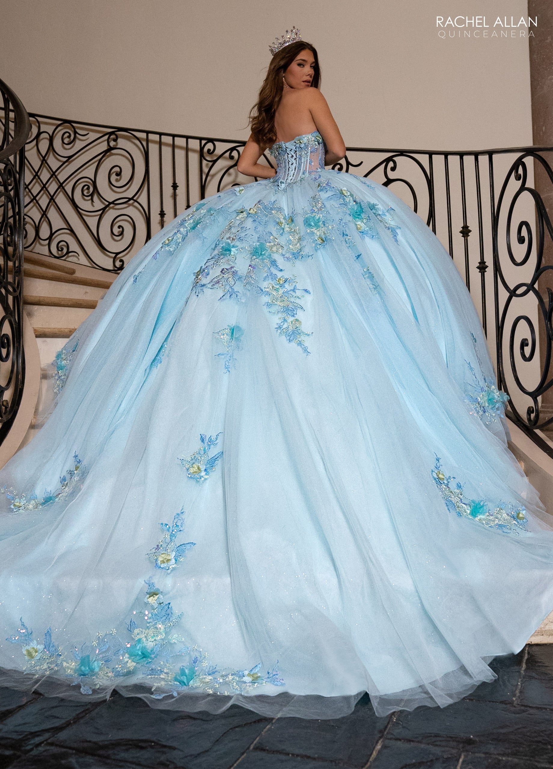 Quinceniera Dresses Ball Gown Glitter Long Floral Quinceanera Dress  Light Blue Multi