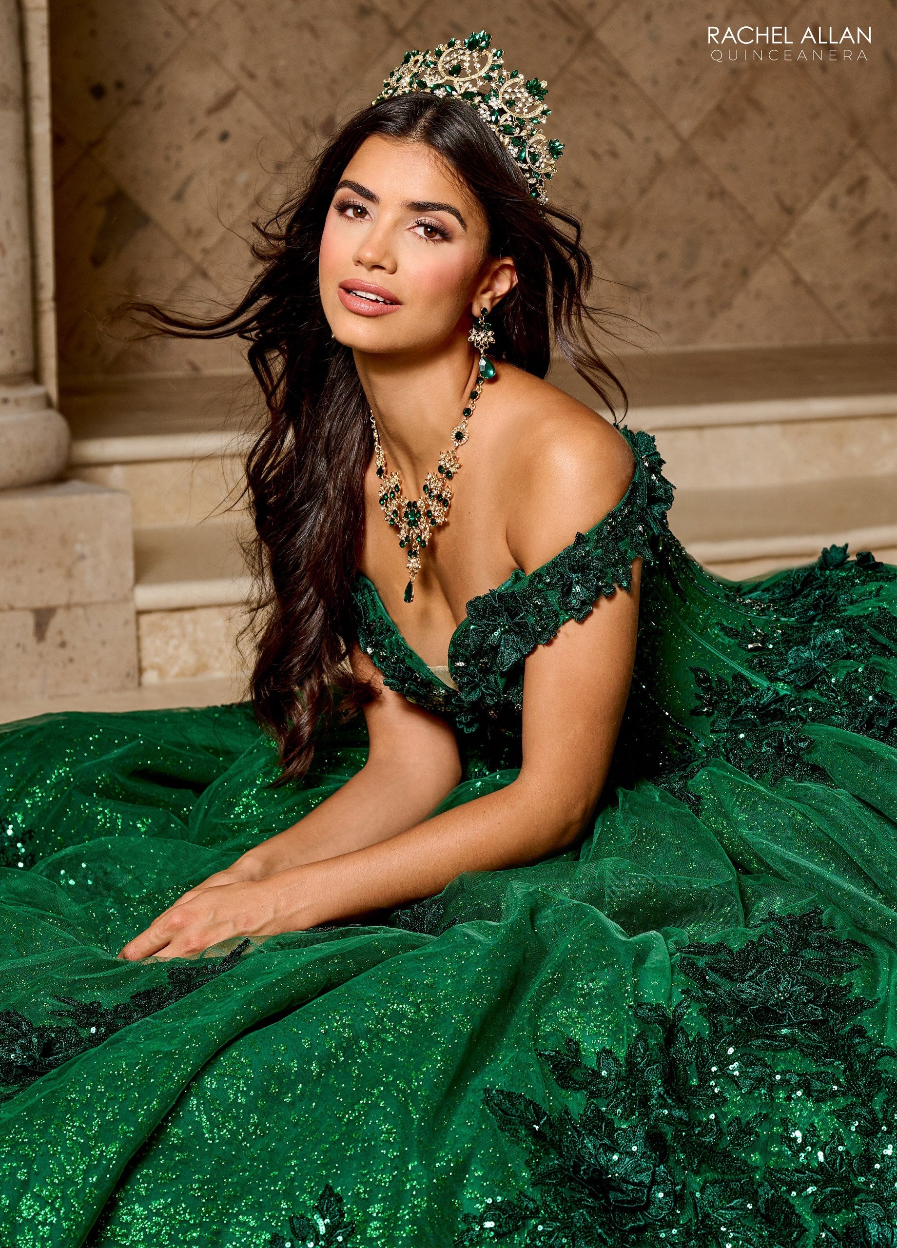 Quinceniera Dresses Long Ball Gown Glitter 3D Floral Quinceanera Dress Emerald