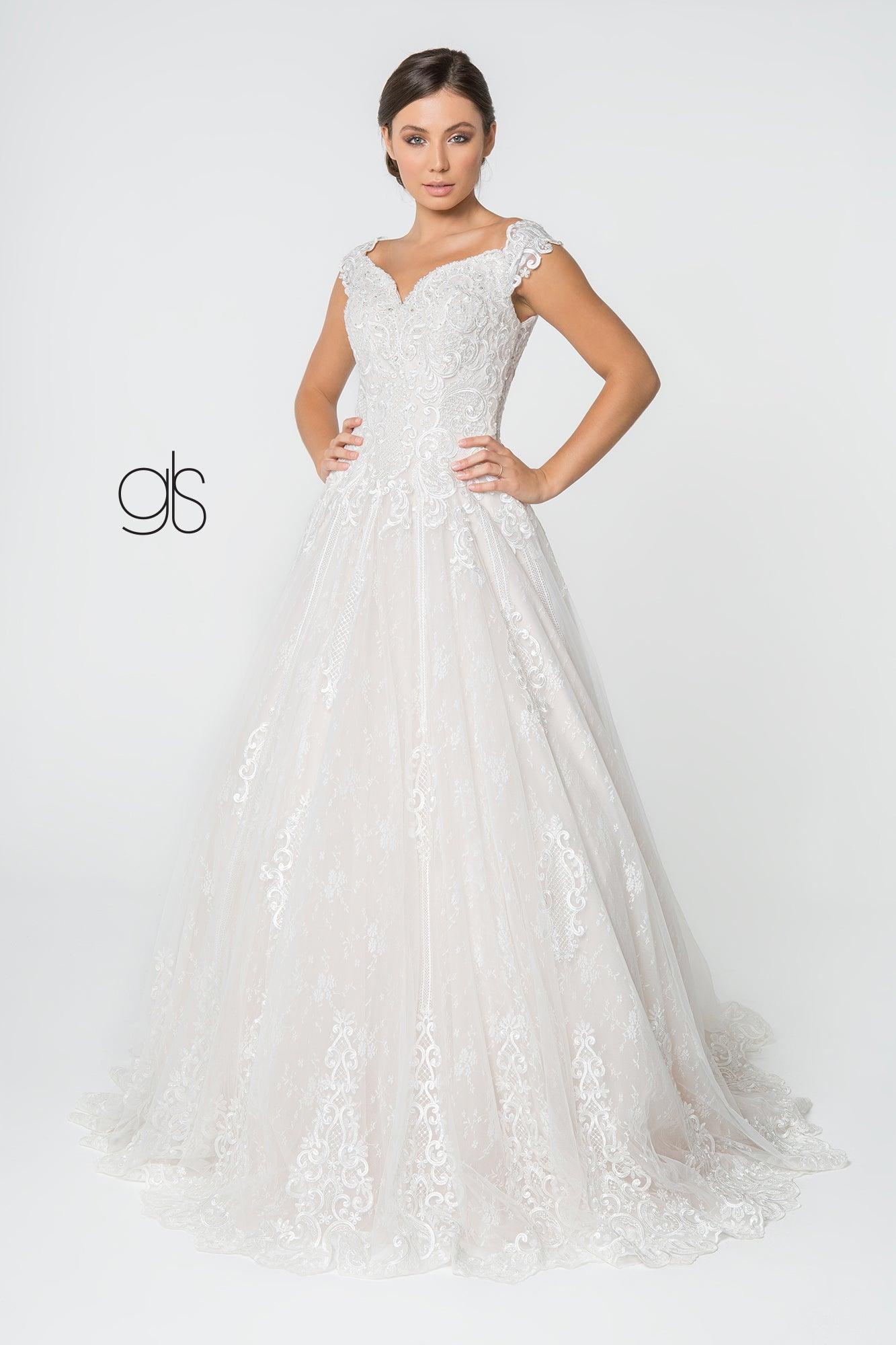 Long Bridal Gown Cap Sleeve Wedding Dress - The Dress Outlet