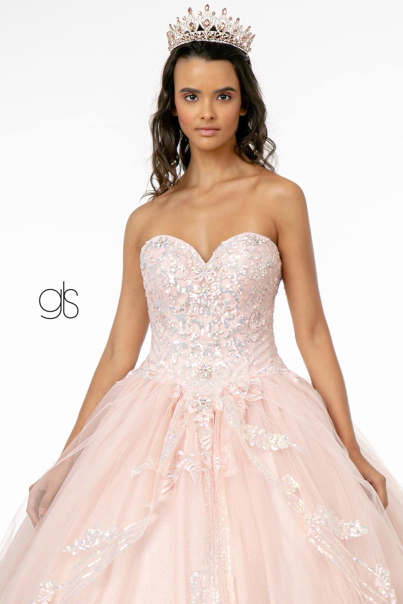 Long Embellished Glitter Mesh Quinceanera Dress - The Dress Outlet Elizabeth K
