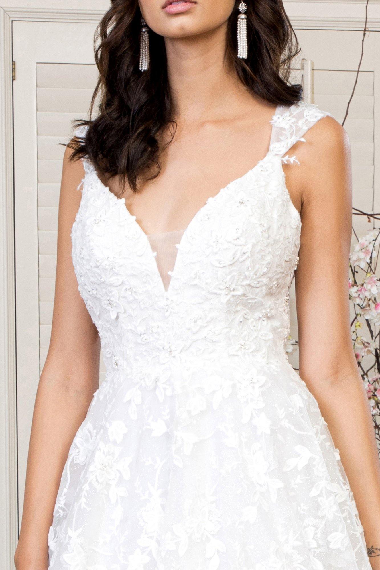 Long Floral Cap Sleeve Glitter Mesh Wedding Gown - The Dress Outlet