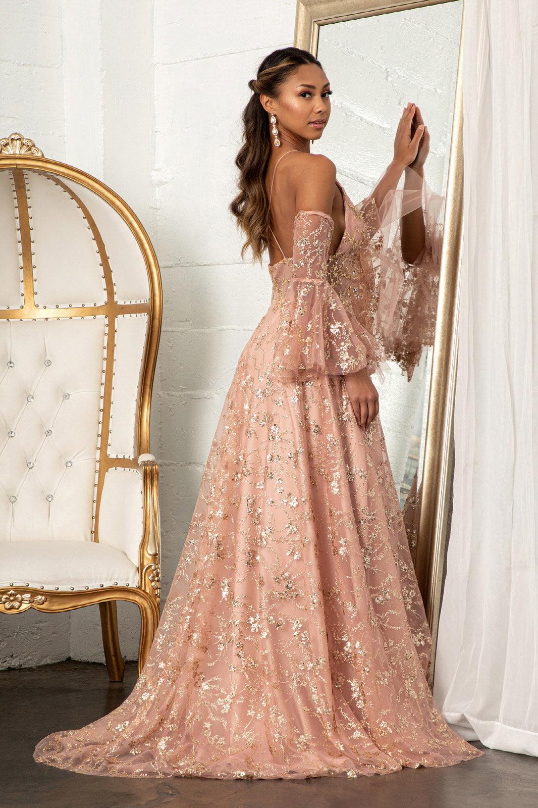 Long Formal Glitter Mesh Prom Dress - The Dress Outlet