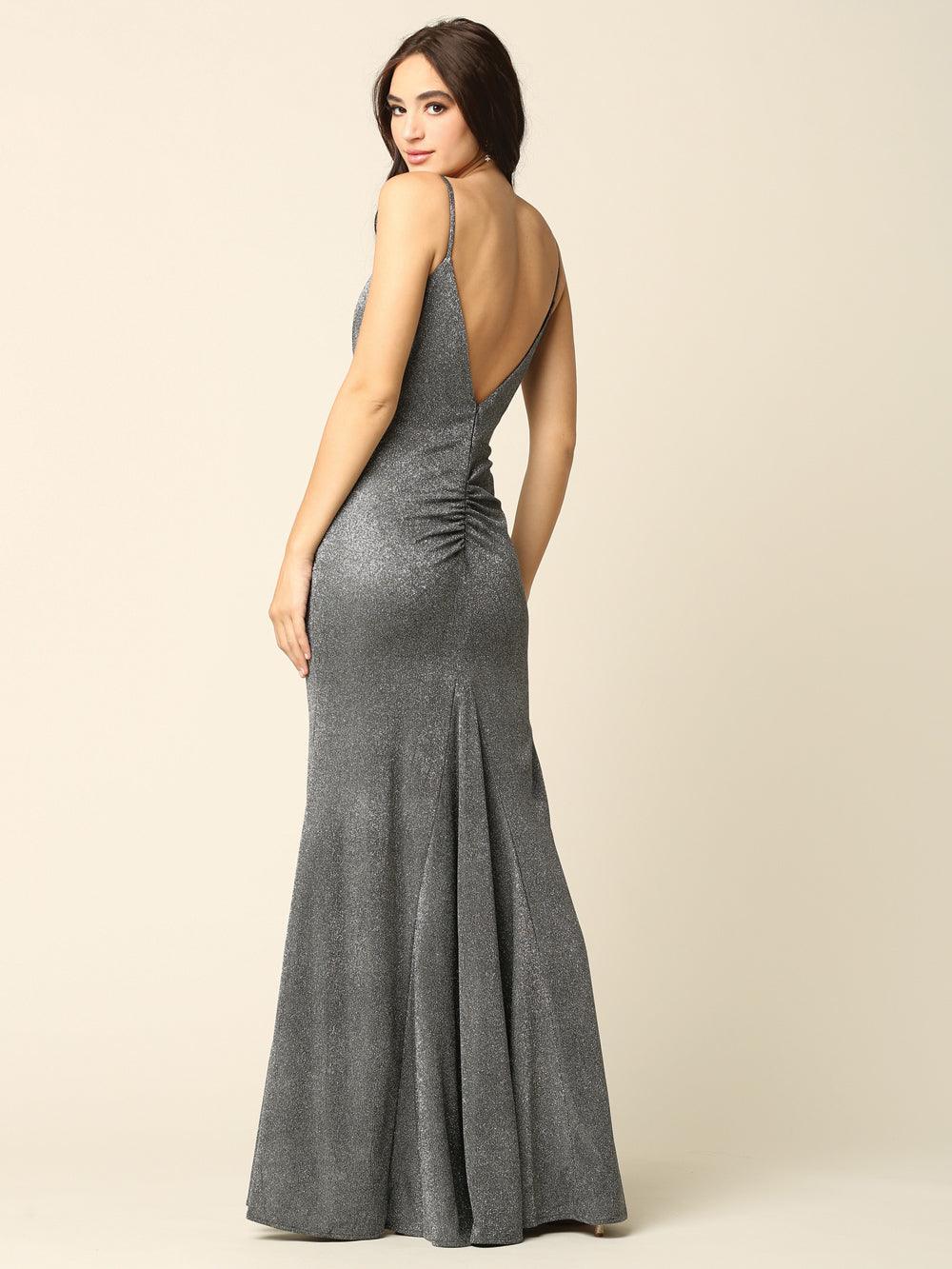 Long Formal Spaghetti Strap Glitter Prom Dress - The Dress Outlet