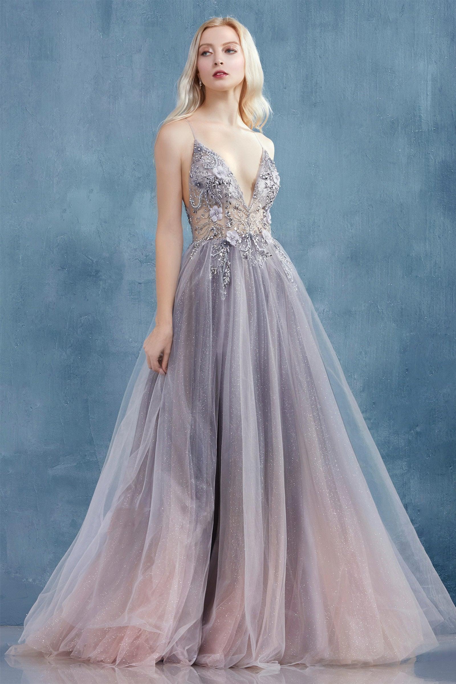 Andrea & Leo A0850 Long Formal Spaghetti Strap Prom Dress Smoky Blue