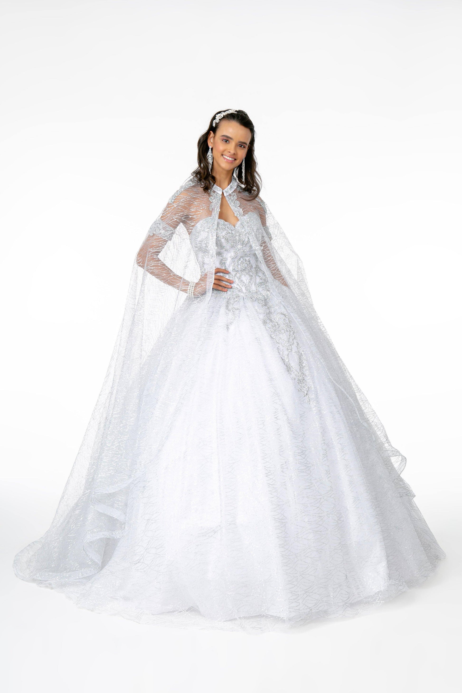 Long Glitter Mesh Quinceanera Dress with Cape - The Dress Outlet Elizabeth K